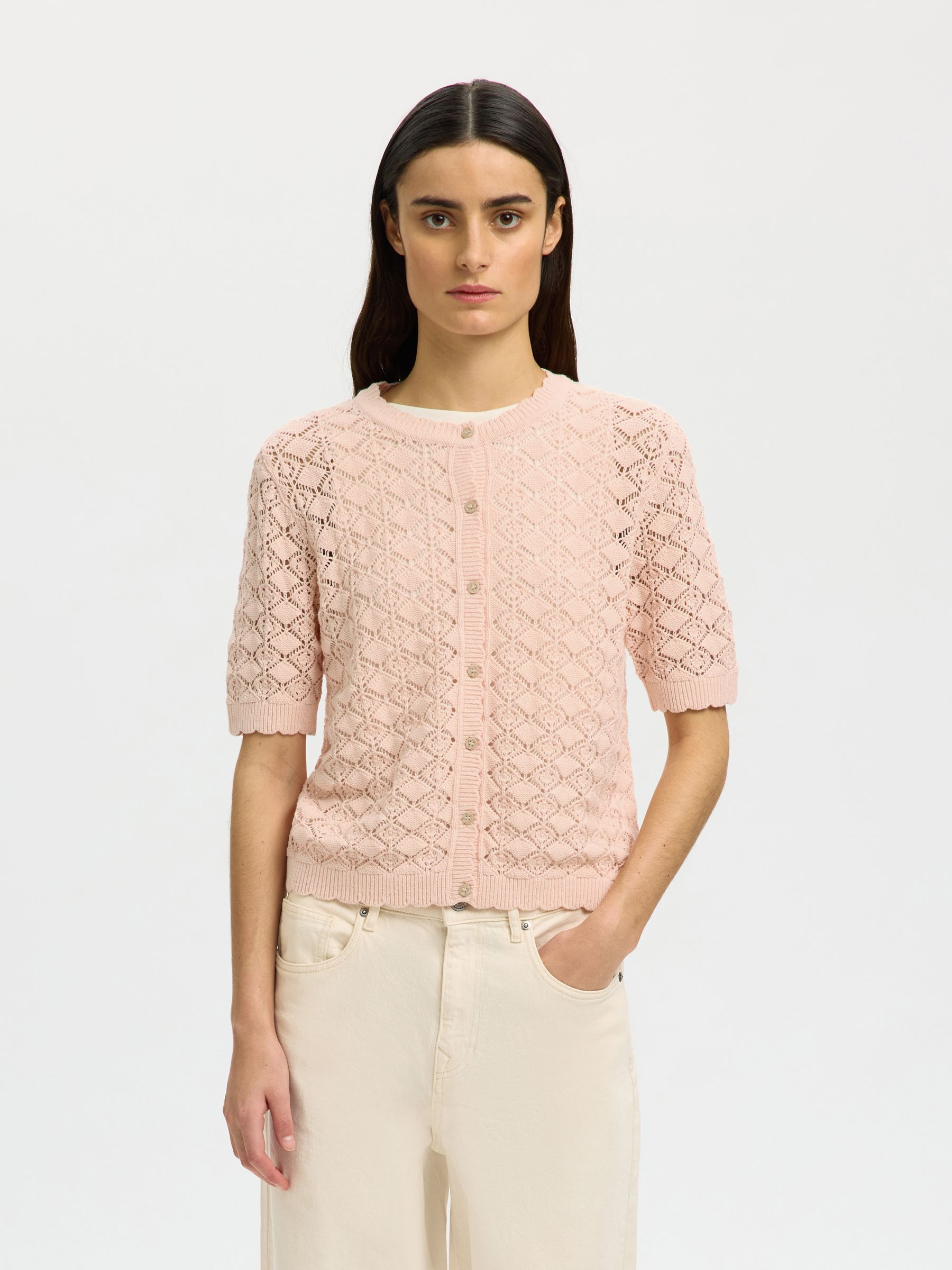 SHORT SLEEVED KNITTED CARDIGAN, Pale Dogwood, highres