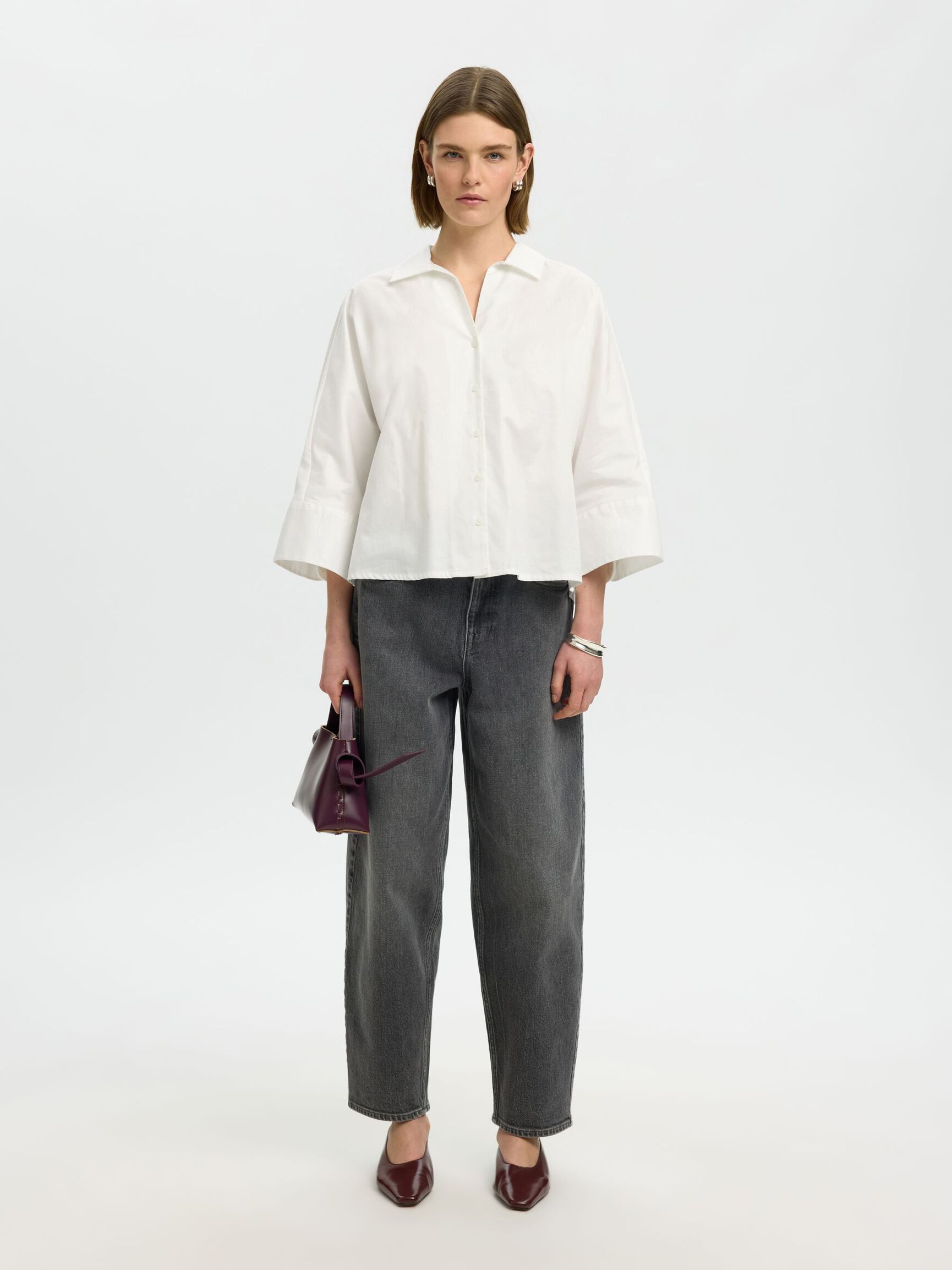 COTTON 3/4 SLEEVED SHIRT, Bright White, highres