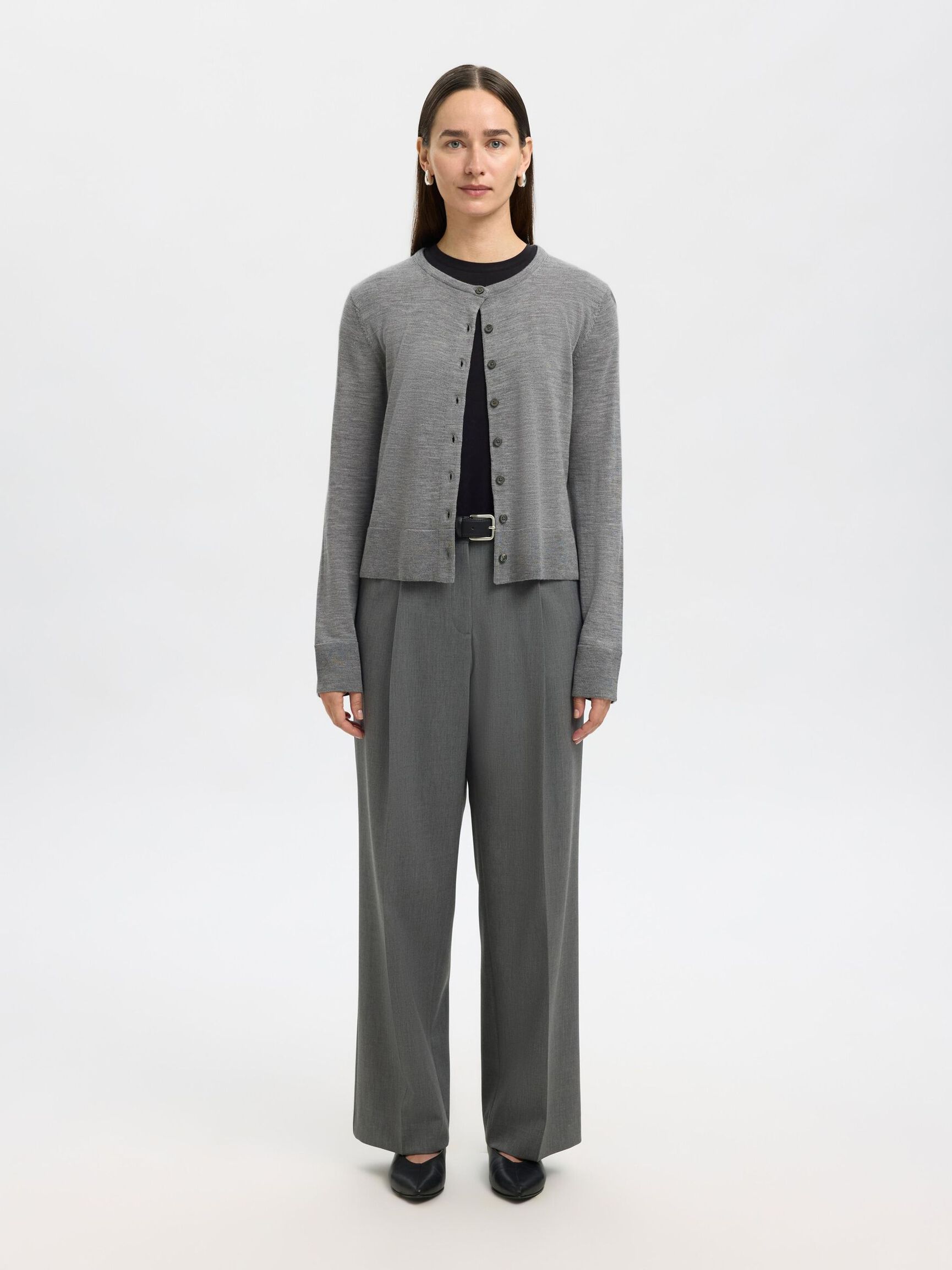 100% MERINOULD STRIKKET CARDIGAN, Medium Grey Melange, highres