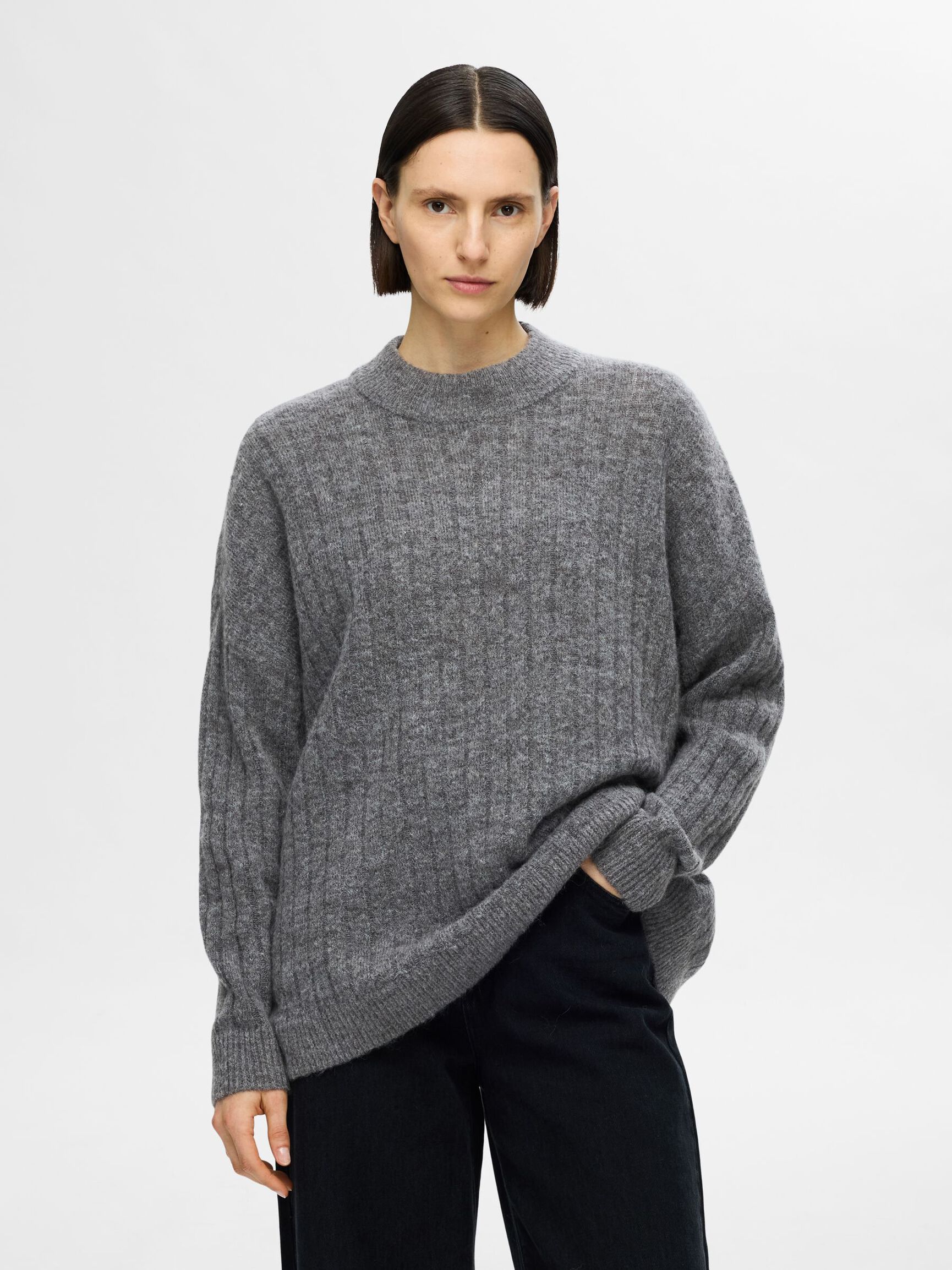 LOOSE FIT WOOL BLEND JUMPER, Medium Grey Melange, highres