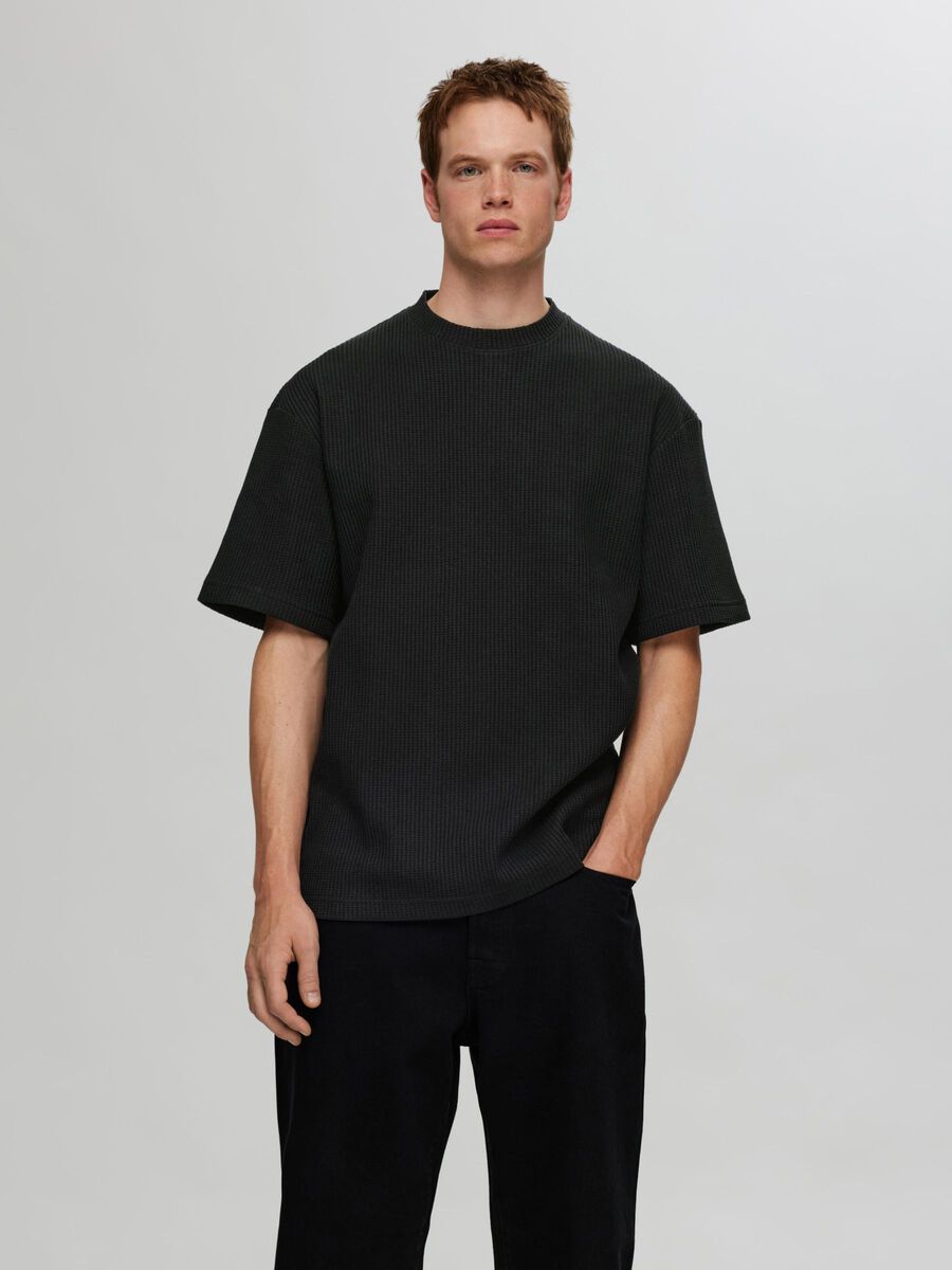 Selected RELAXED FIT WAFFELMUSTER T-SHIRT, Black, highres - 16096331_Black_003.jpg