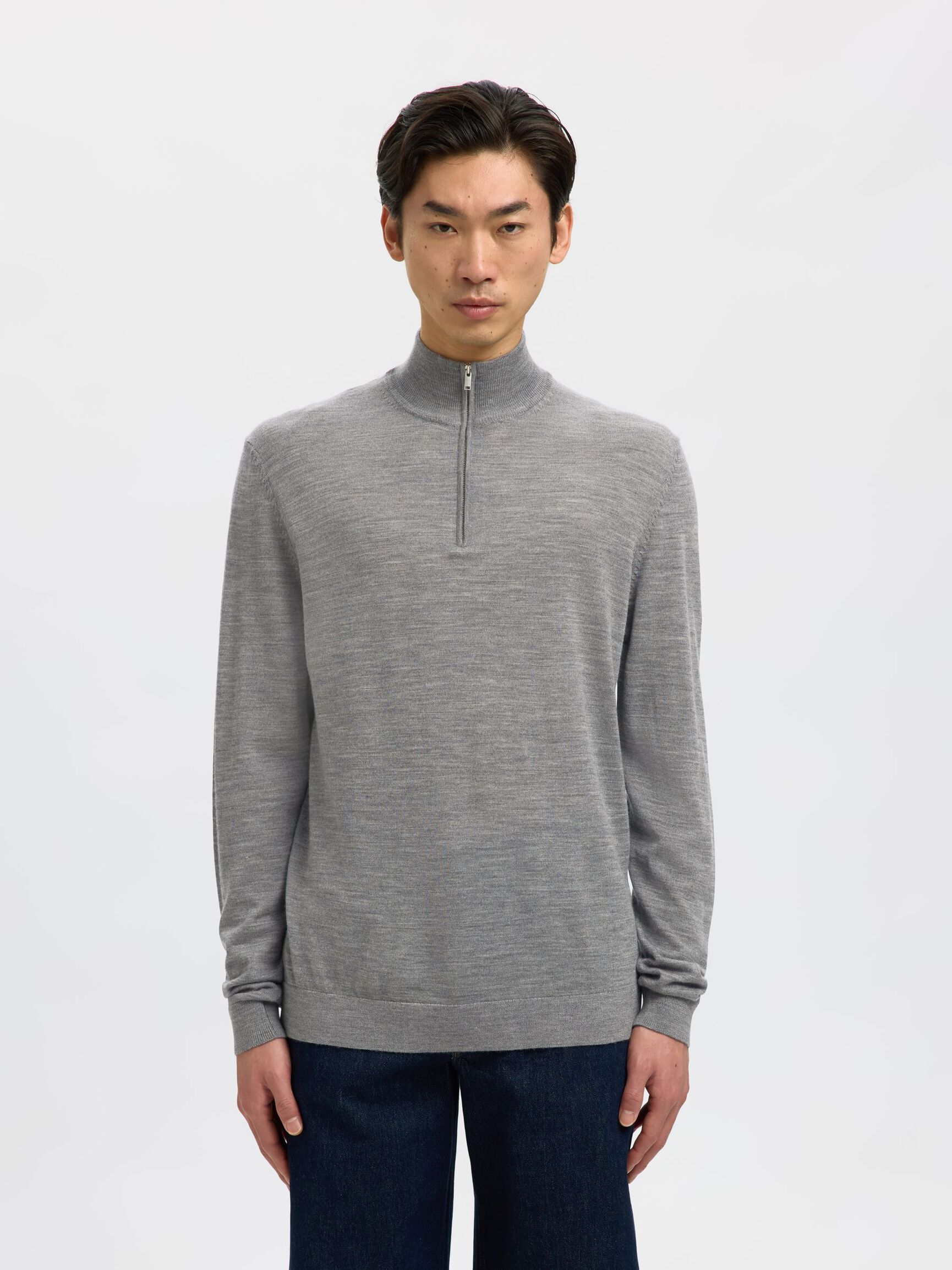 100% MERINO WOOL HALF-ZIP JUMPER, Medium Grey Melange, highres
