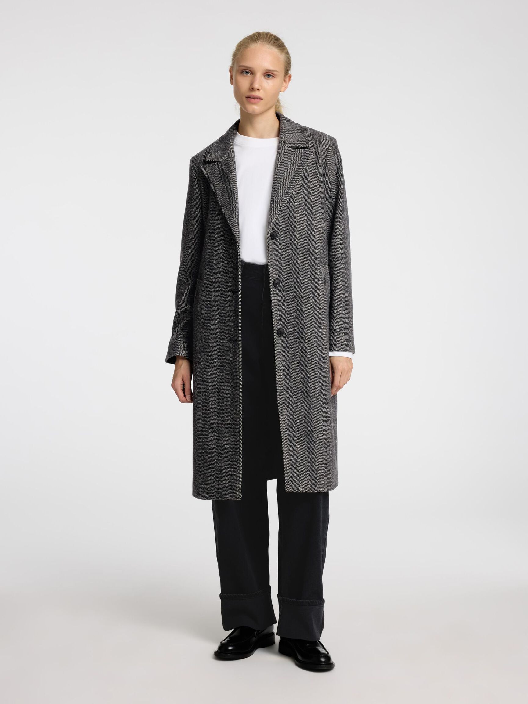 LAINE MÉLANGÉE LONG MANTEAU, Black, highres
