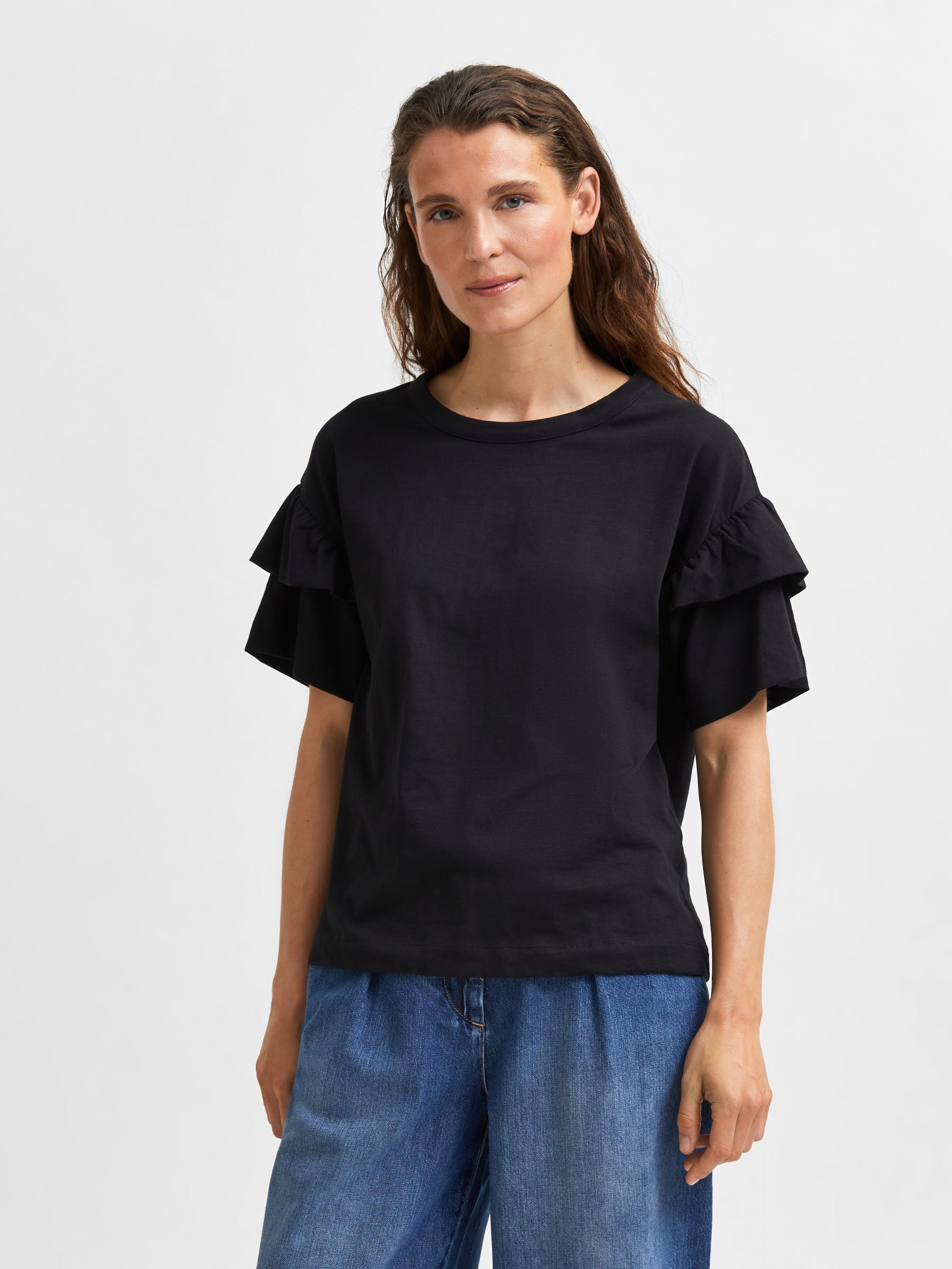 COTTON RUFFLE  T-SHIRT, Black, highres