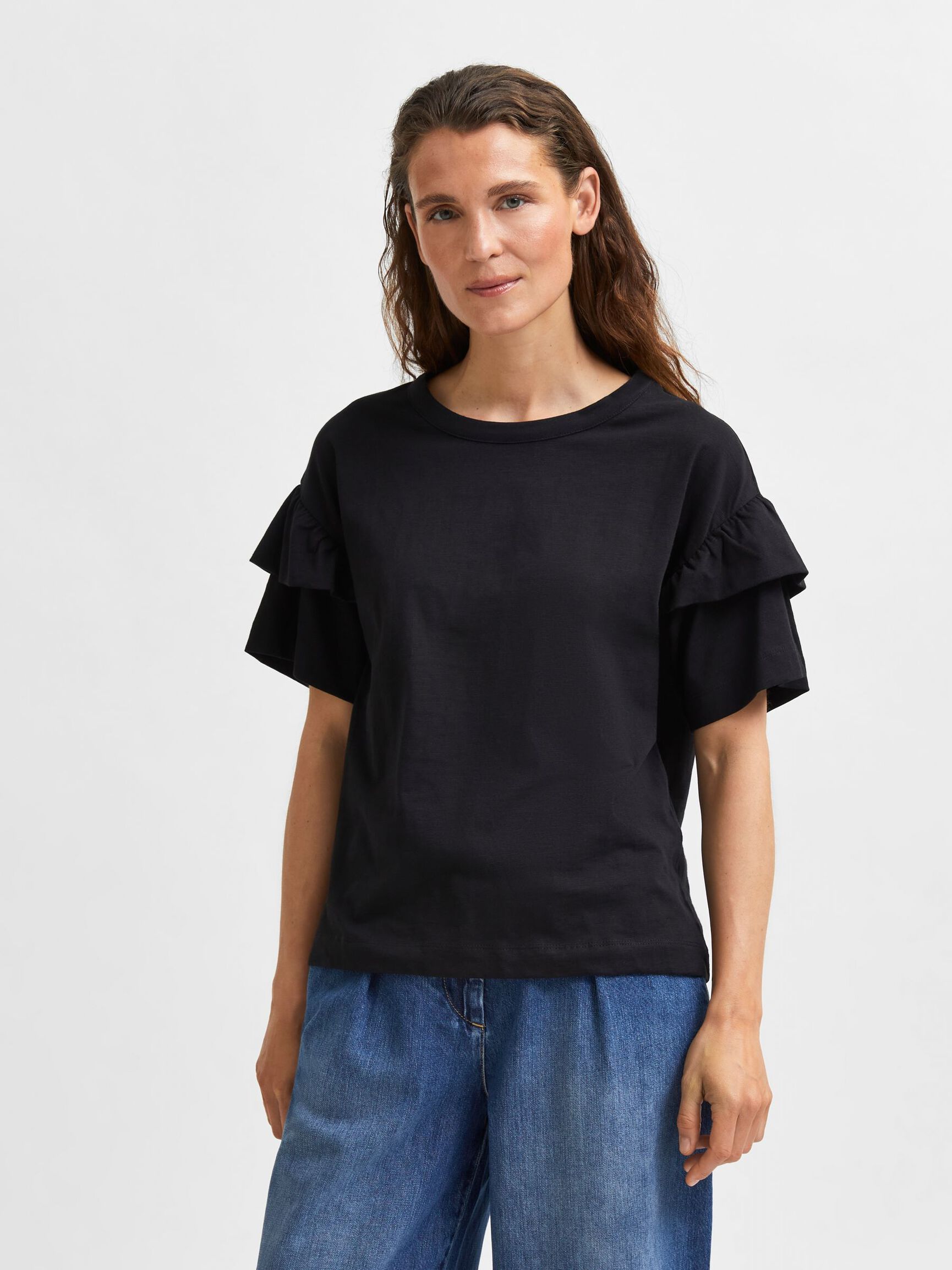 COTTON RUFFLE  T-SHIRT, Black, highres