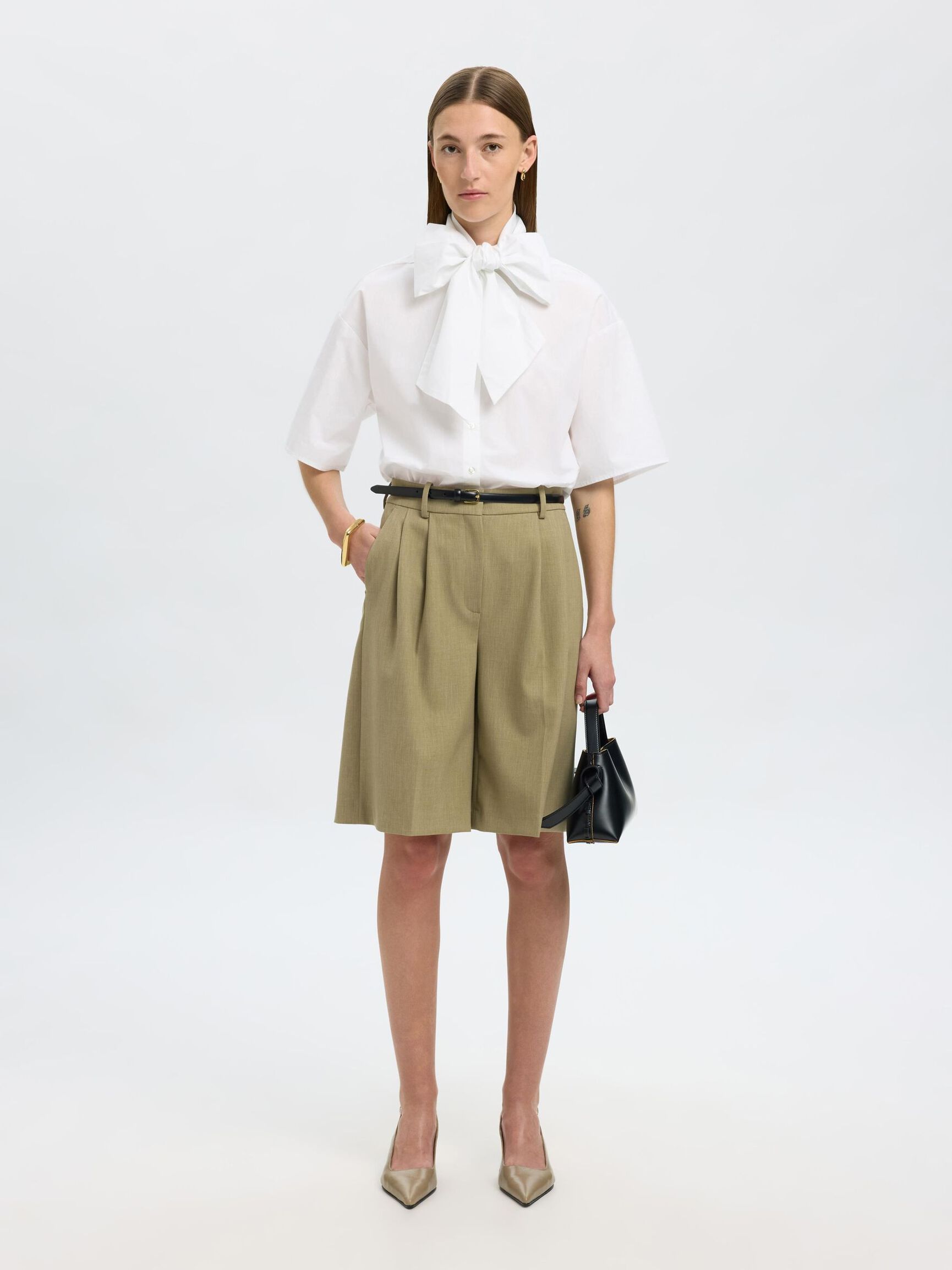 COTTON BOW SHORT SLEEVED SHIRT, Bright White, highres