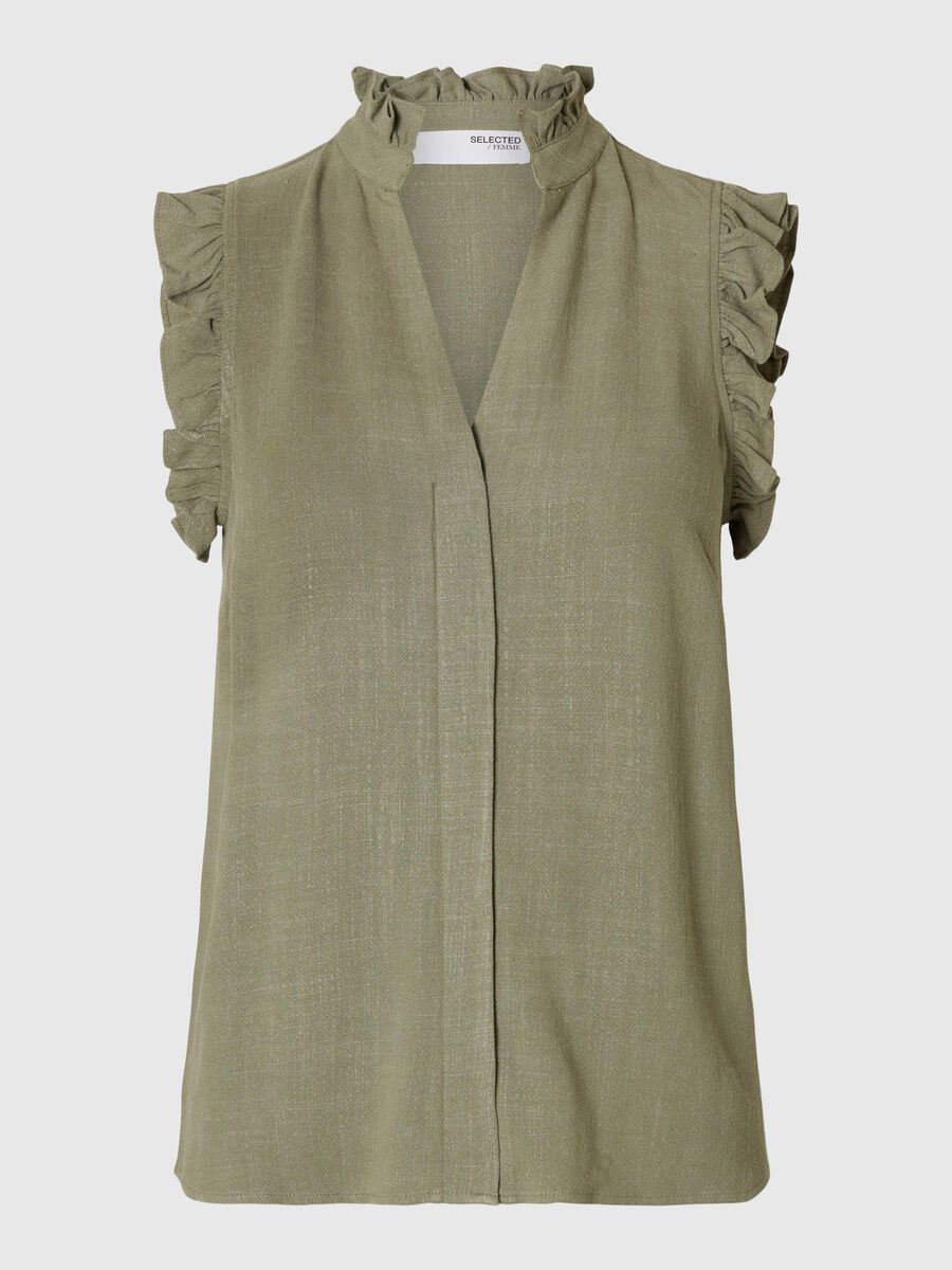 Selected SLEEVELESS RUFFLE DETAIL TOP, Vetiver, highres - 16096447_Vetiver_001.jpg