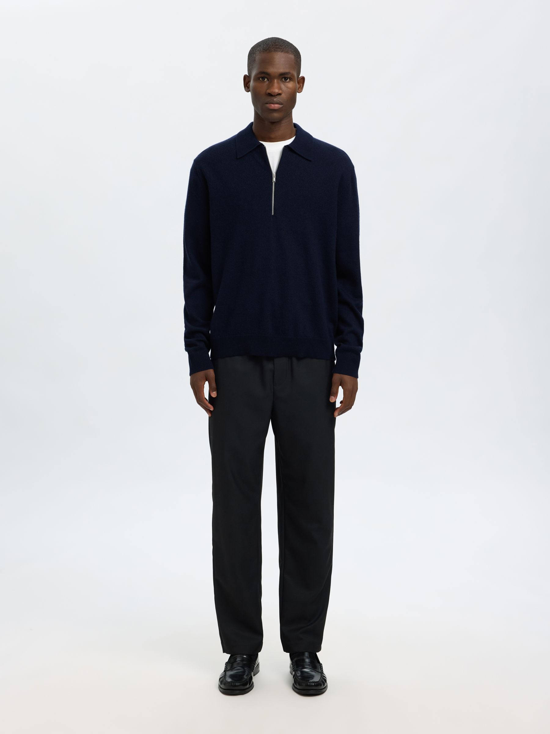 100% MERINO WOOL  LONG-SLEEVED POLO, Navy Blazer, highres