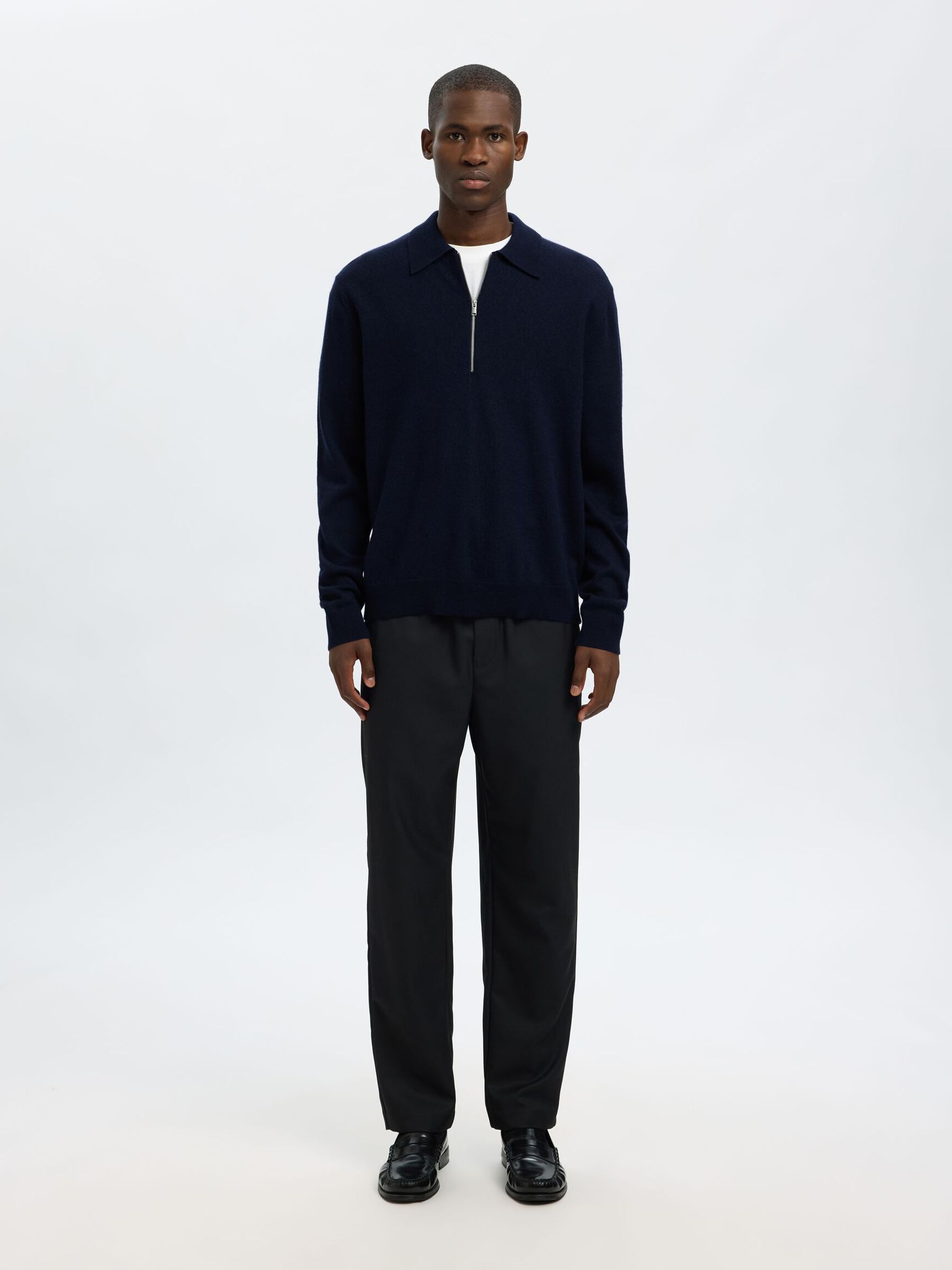 100% MERINOWOL POLO MET LANGE MOUWEN, Navy Blazer, highres
