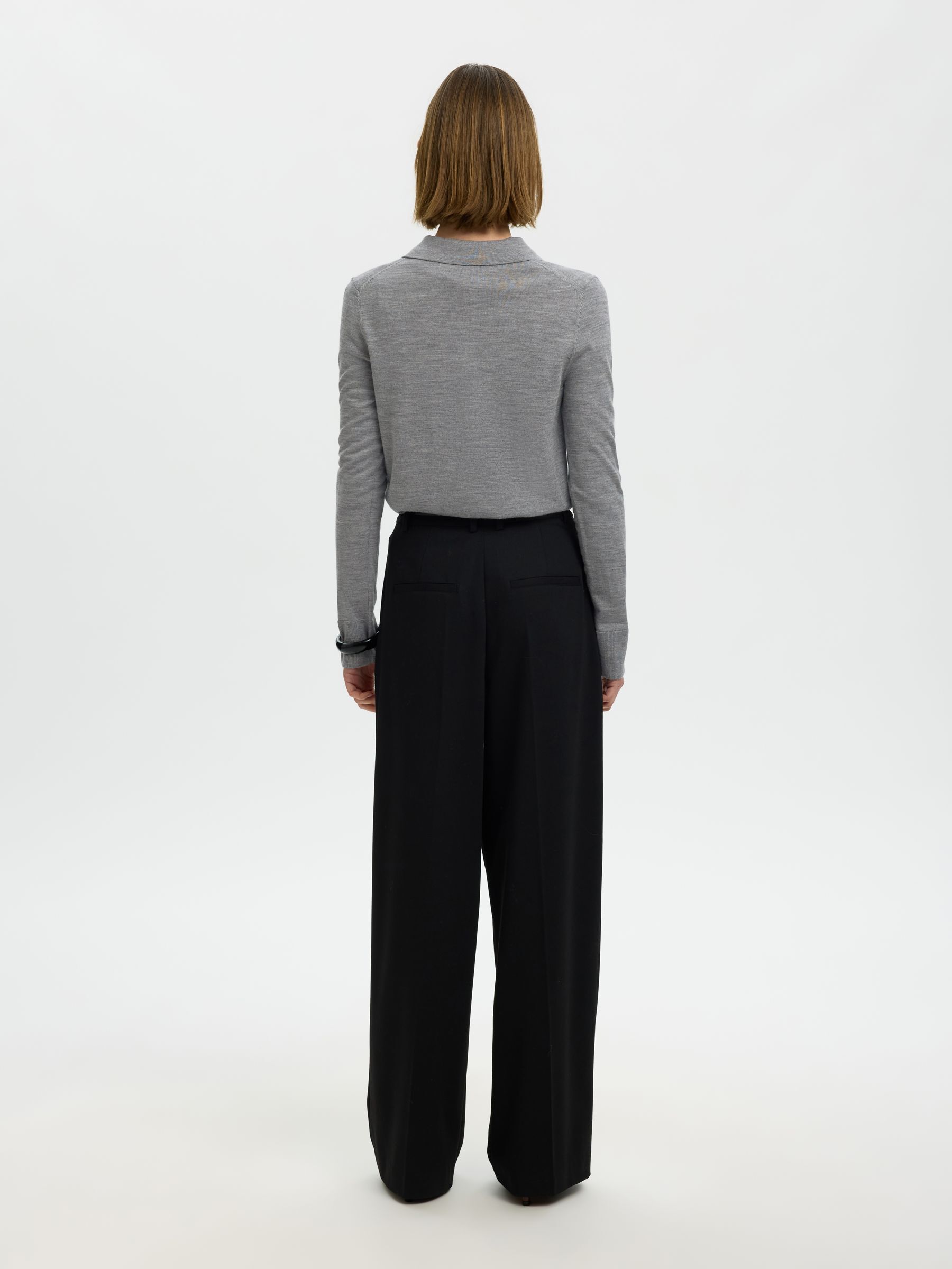 100% MERINOULD STRIKKET POLOSHIRT, Medium Grey Melange, highres