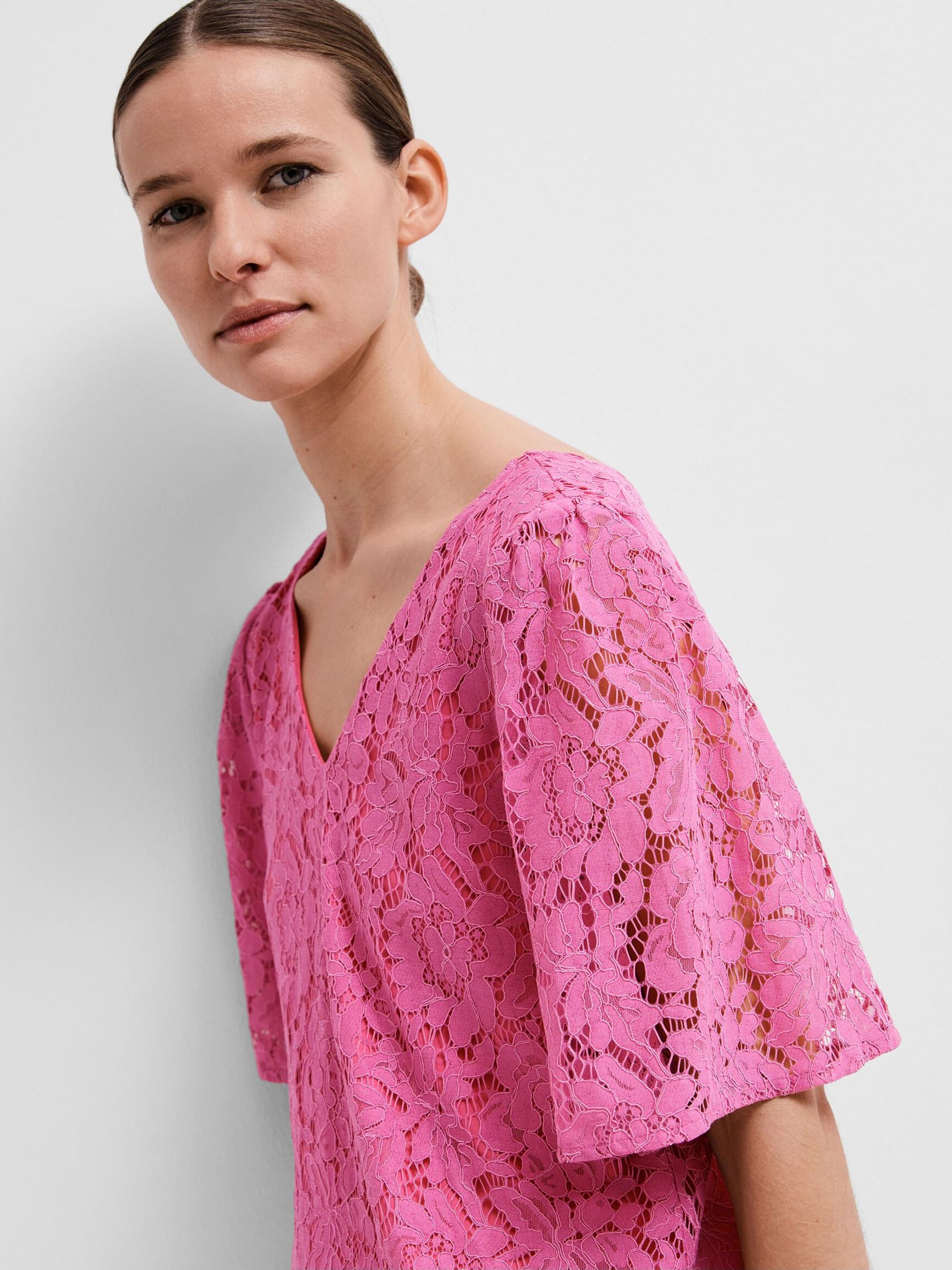 FLORAL LACE MIDI DRESS, Phlox Pink, highres