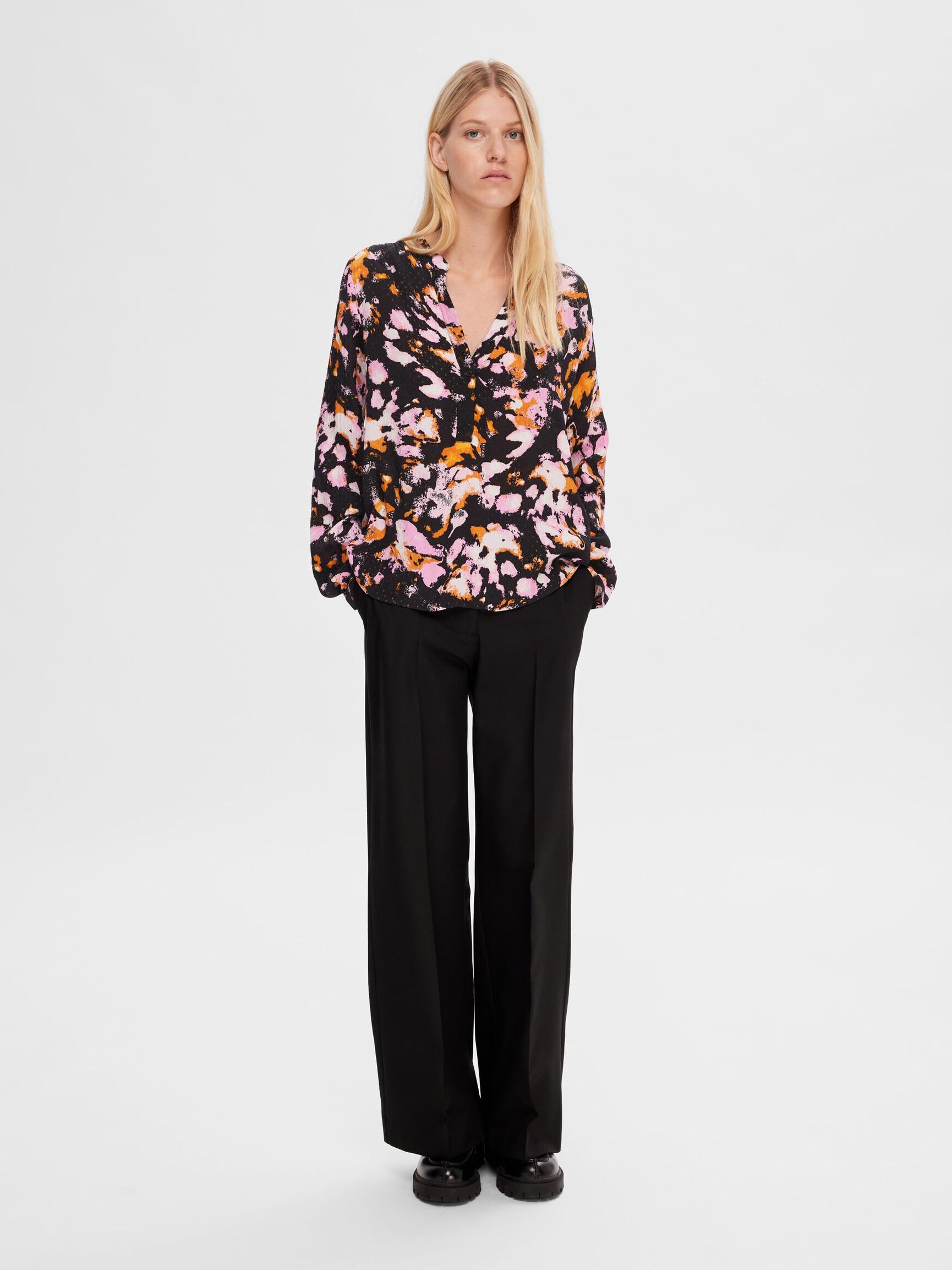 BEDRUKT SHIRT MET LANGE MOUWEN, Black, highres