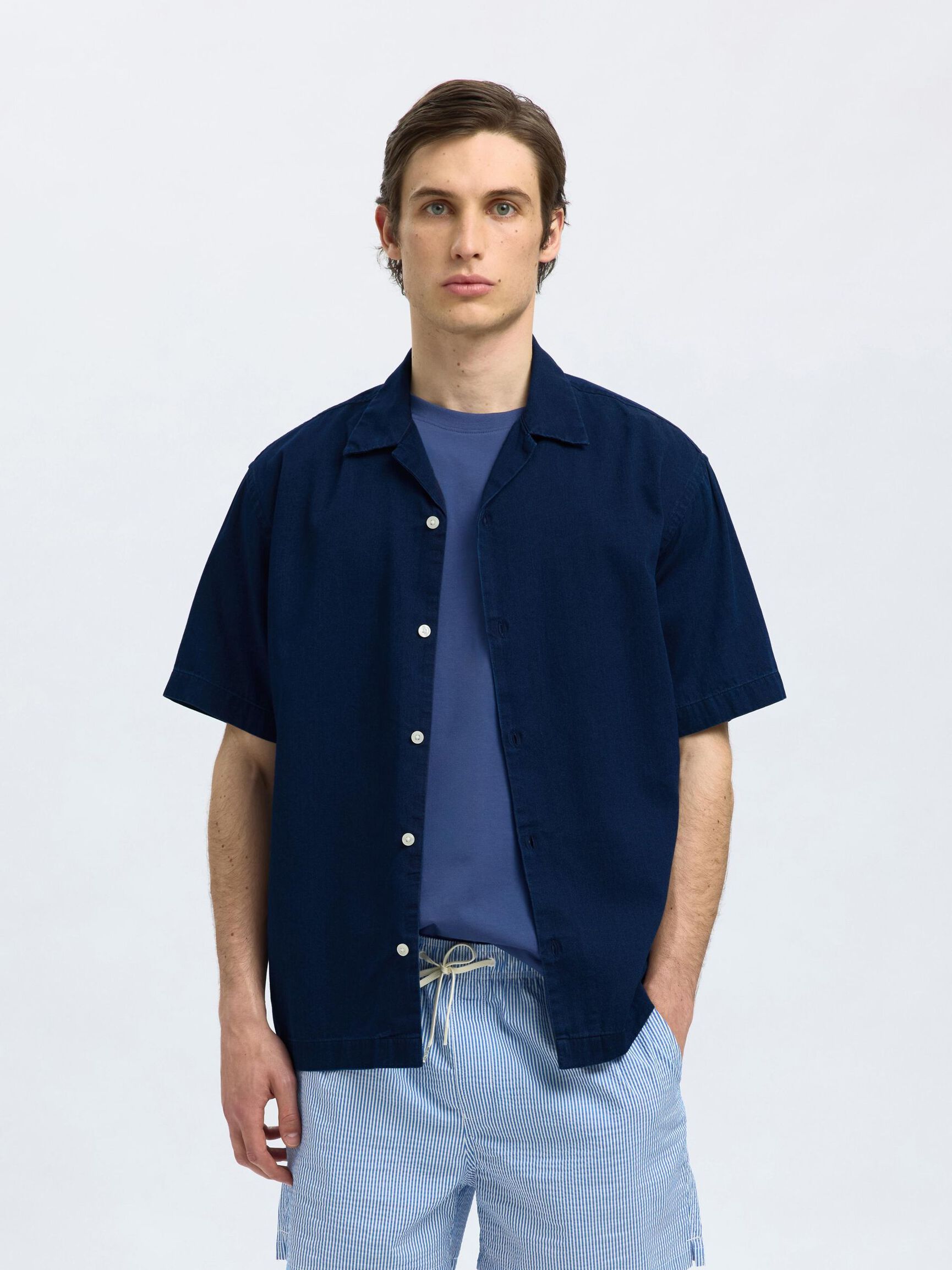 KORTE MOUWEN SPIJKERBLOUSE, Dark Blue Denim, highres