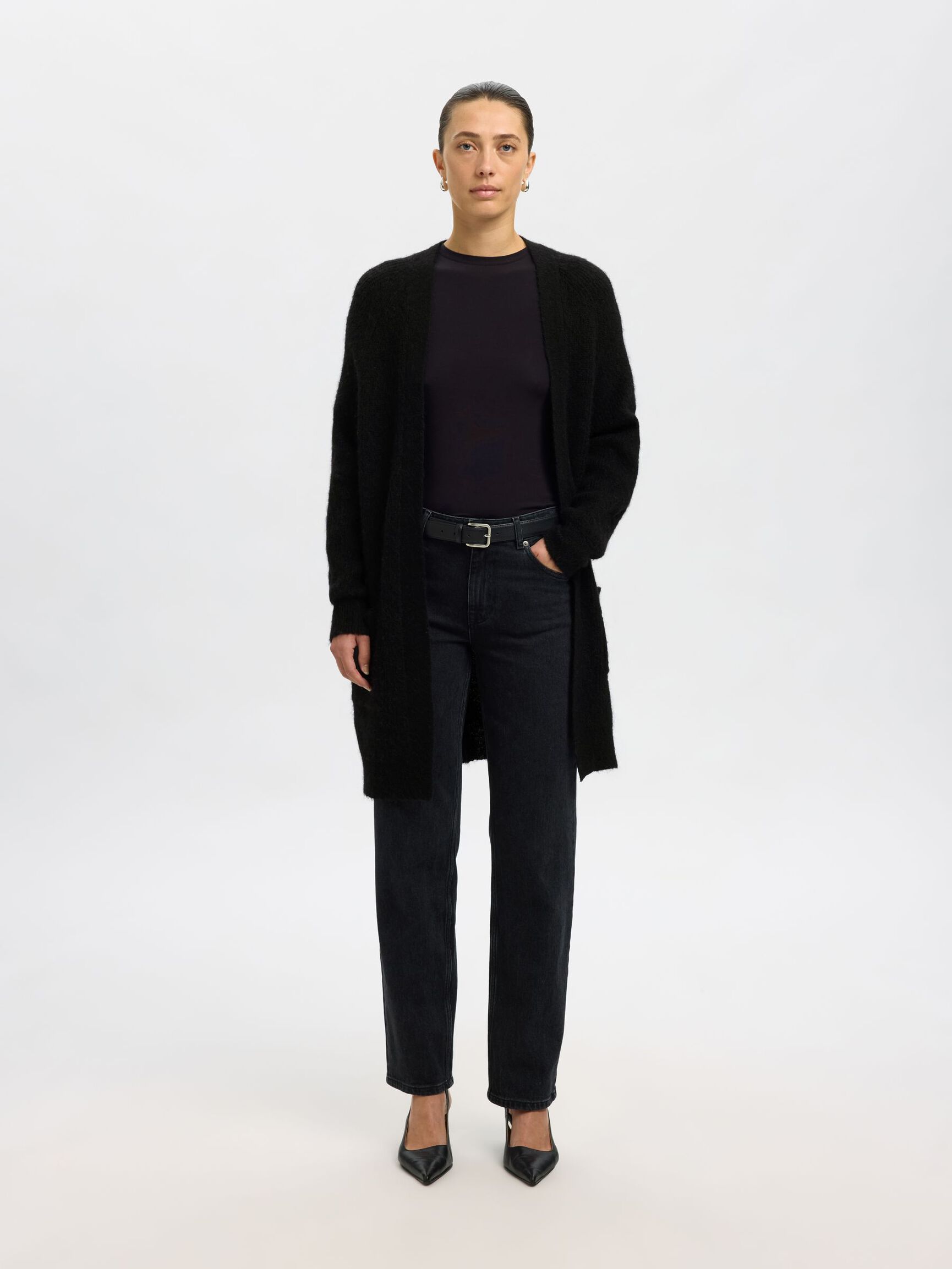 LONG KNITTED CARDIGAN, Black, highres