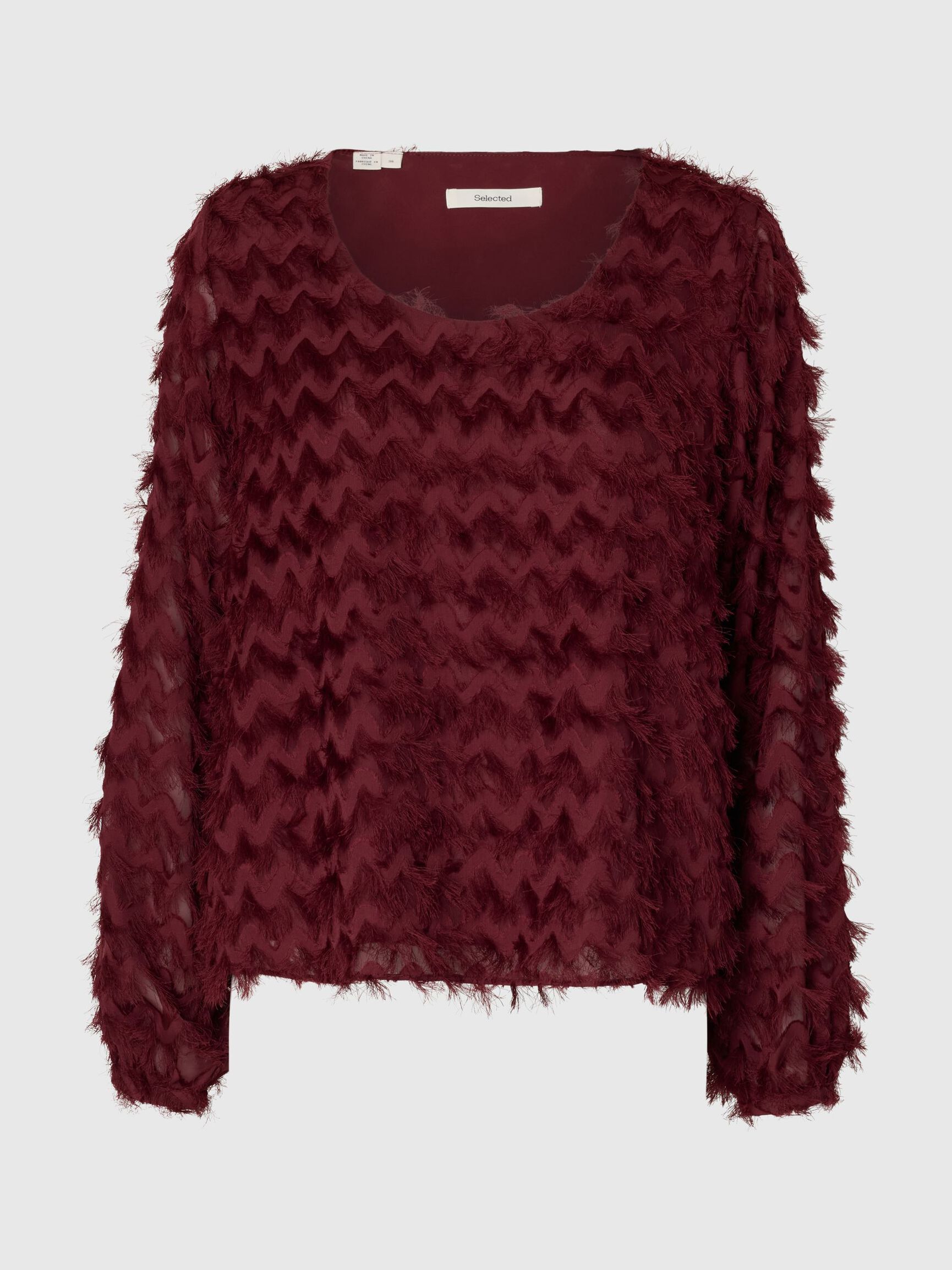 ZIGZAG FRINGE BALLOON SLEEVE TOP, Tawny Port, highres
