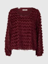 ZIGZAG FRINGE BALLOON SLEEVE TOP, Tawny Port, highres
