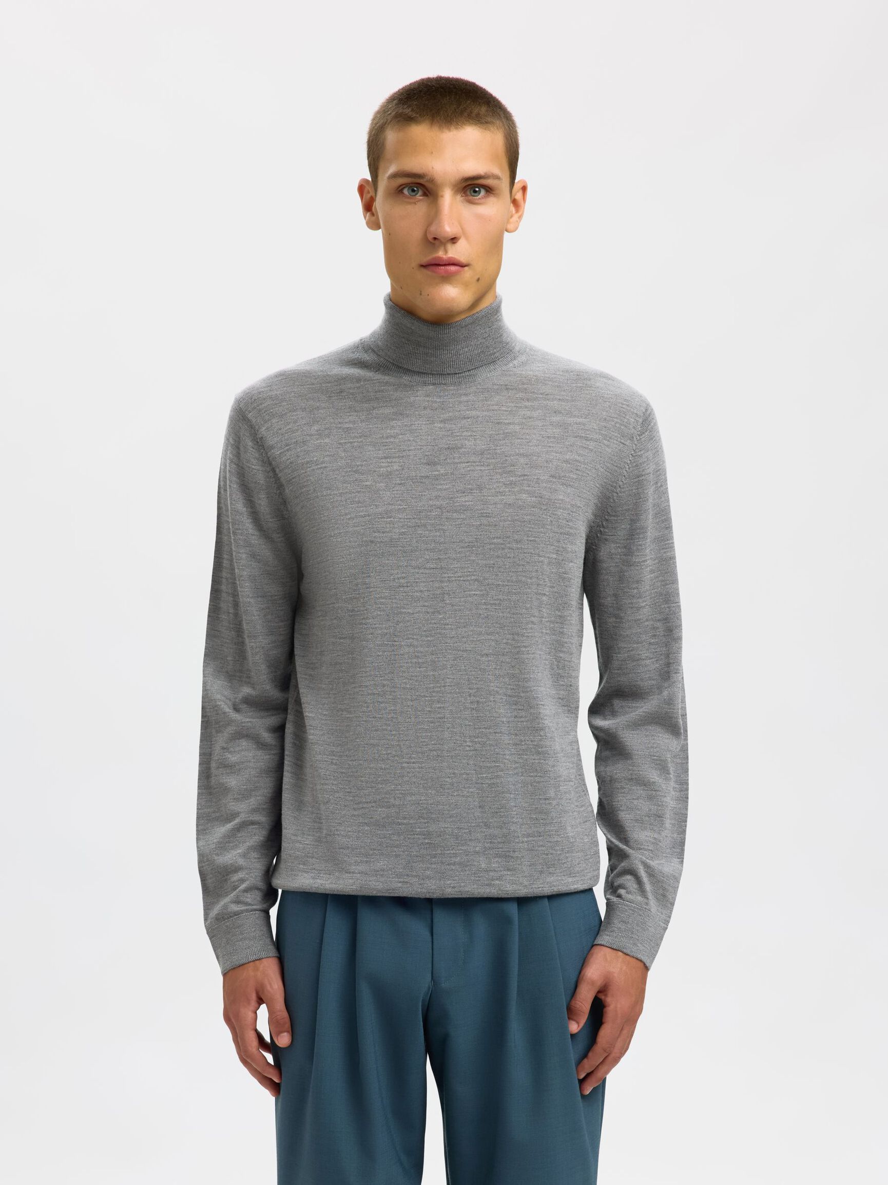 100% MERINO WOOL TURTLENECK, Medium Grey Melange, highres