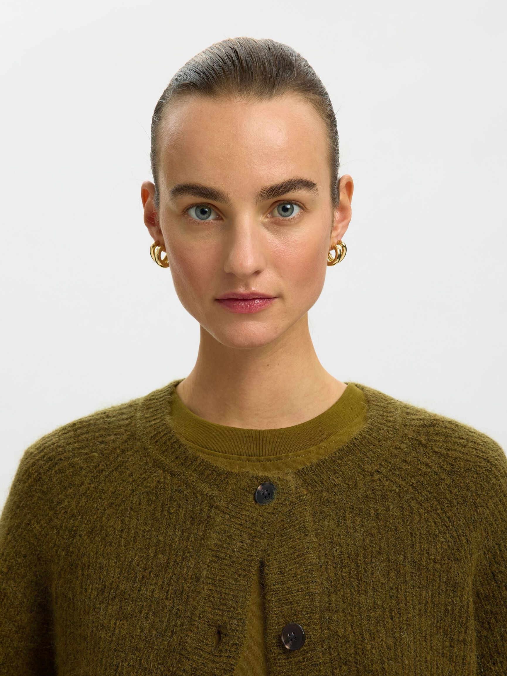 WOOL BLEND CARDIGAN, Fir Green, highres