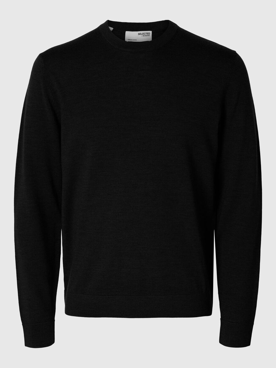 Selected 100% MERINO WOOL CREWNECK JUMPER, Black, highres - 16094647_Black_001.jpg