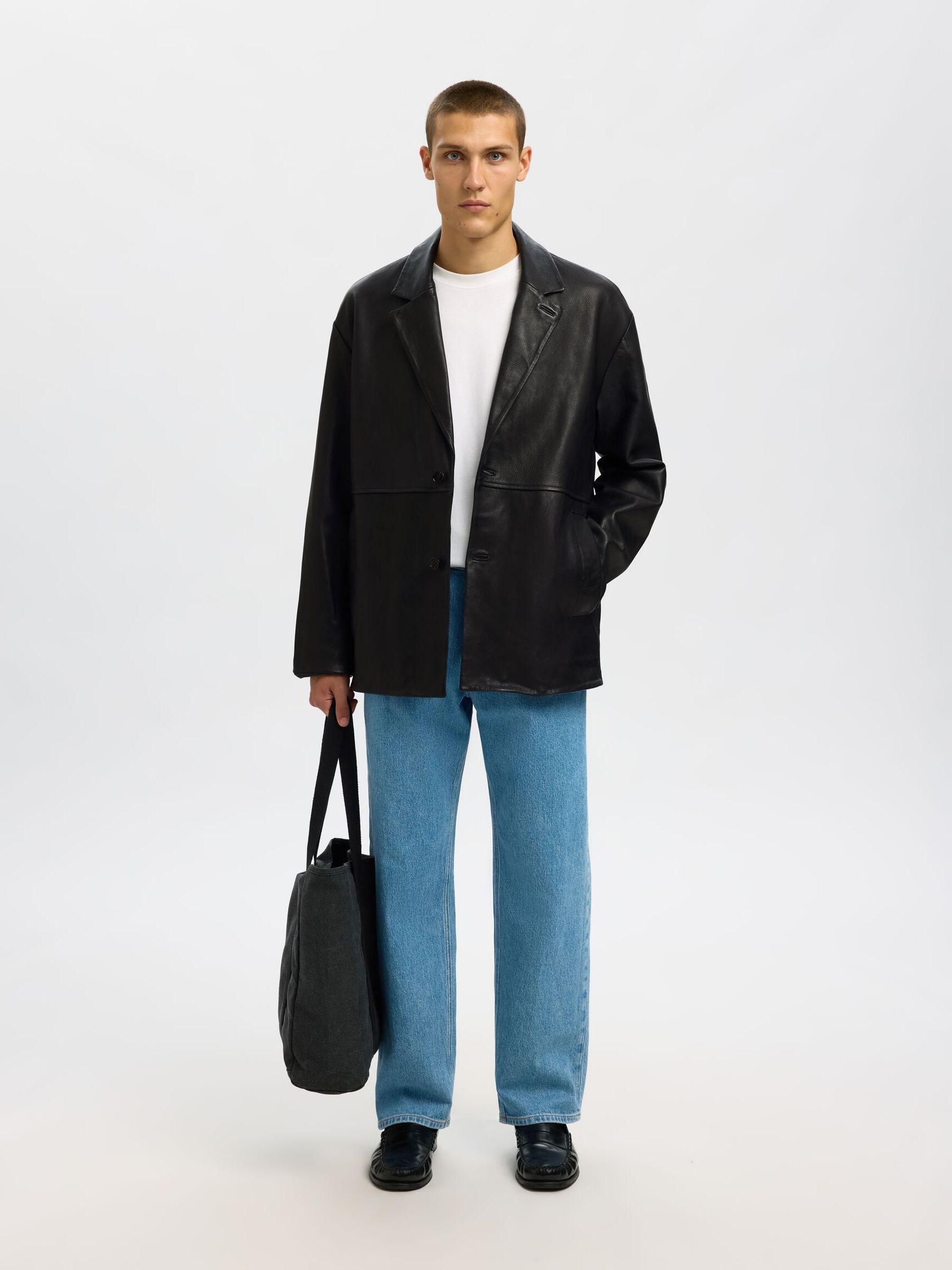 100% LEATHER BLAZER, Black, highres