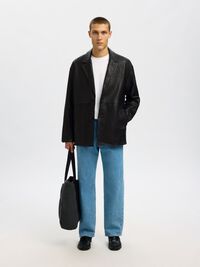 100% LEATHER BLAZER, Black, highres