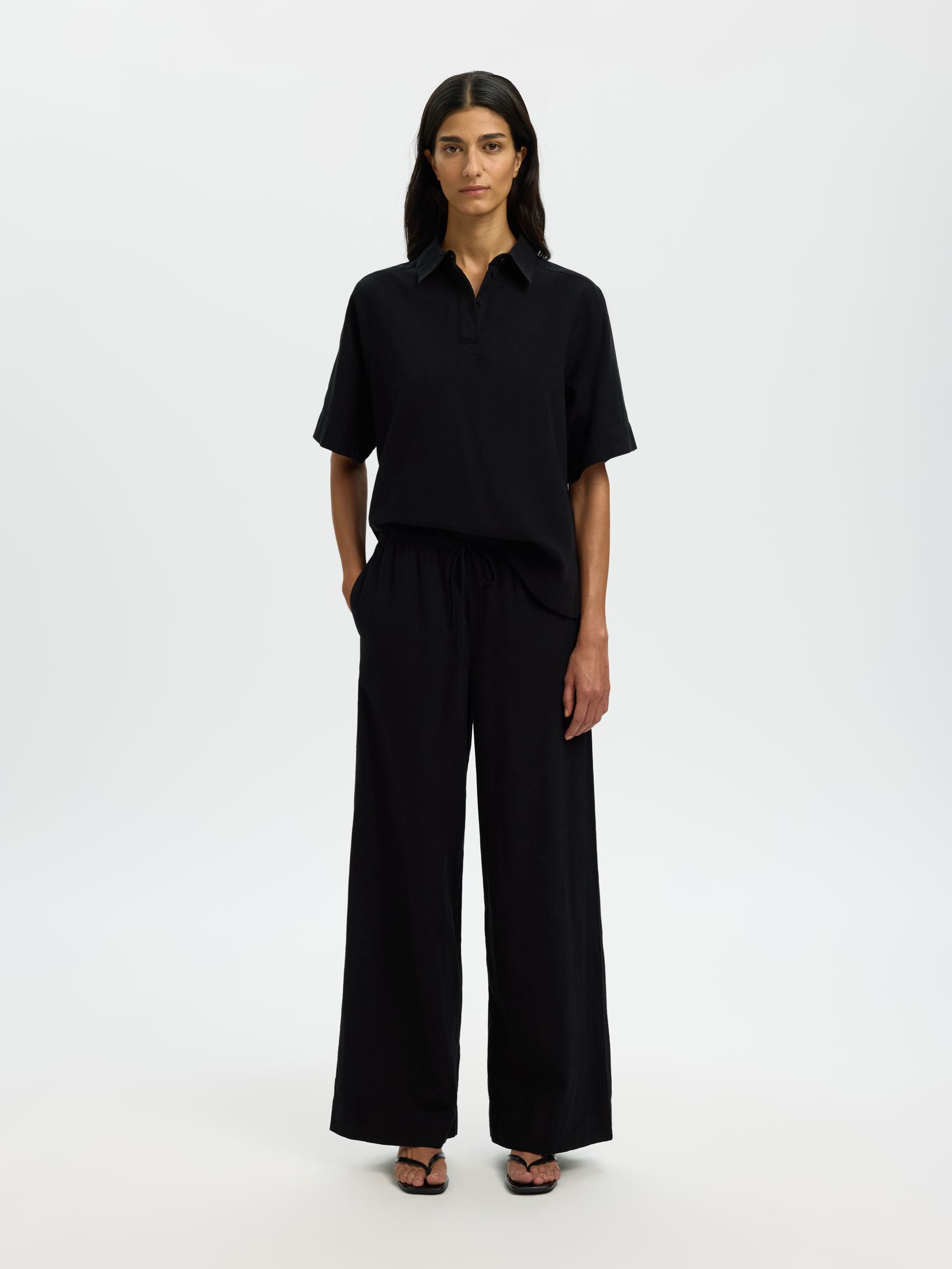 LINEN BLEND WIDE-LEG TROUSERS, Black, highres