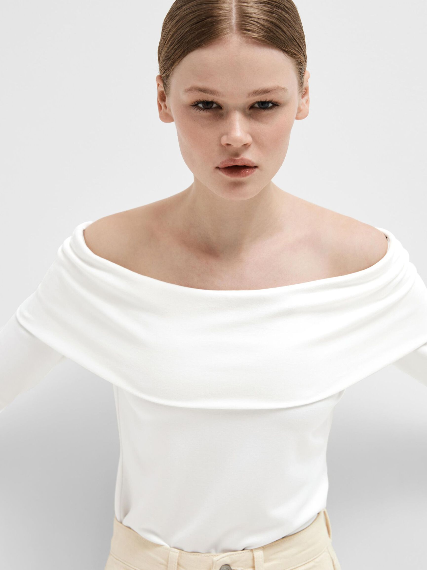 VISCOSE BLEND OFF-SHOULDER TOP, Snow White, highres