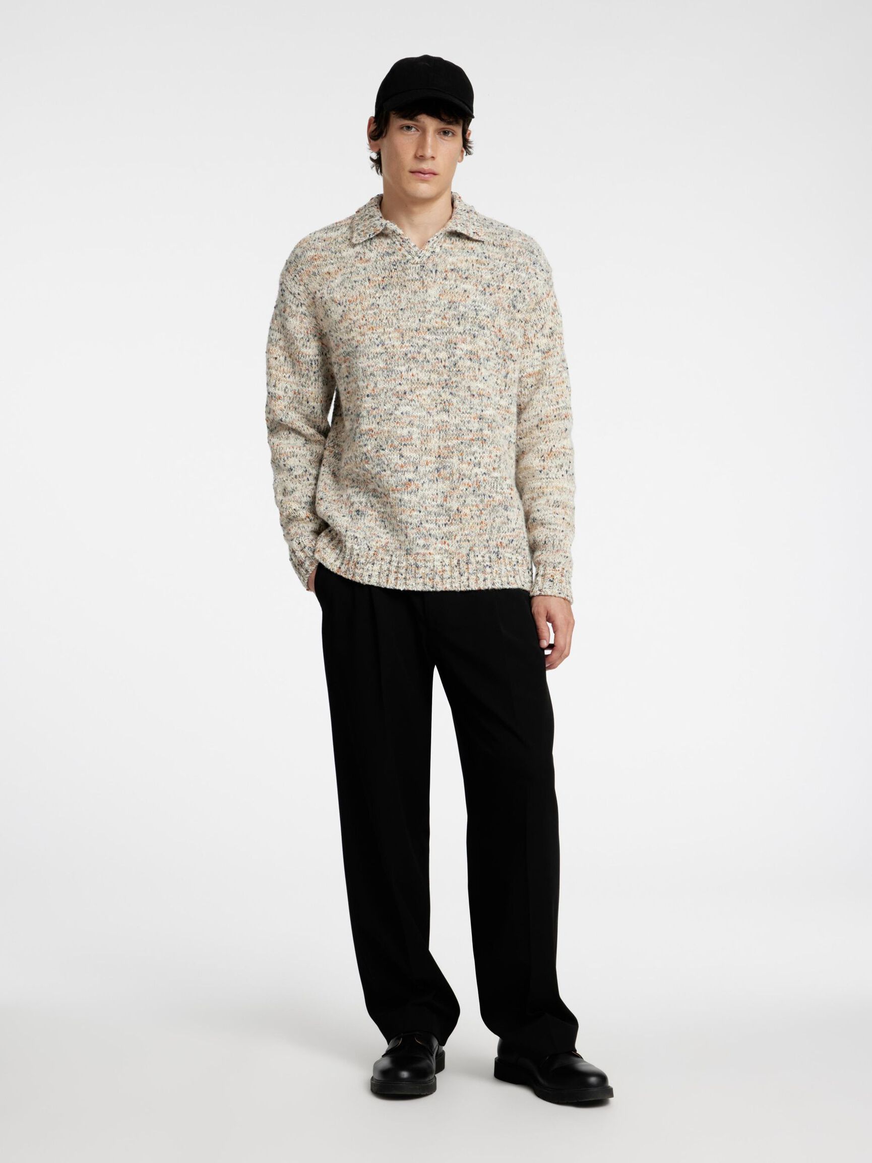 WOOL BLEND POLO JUMPER, Tofu, highres