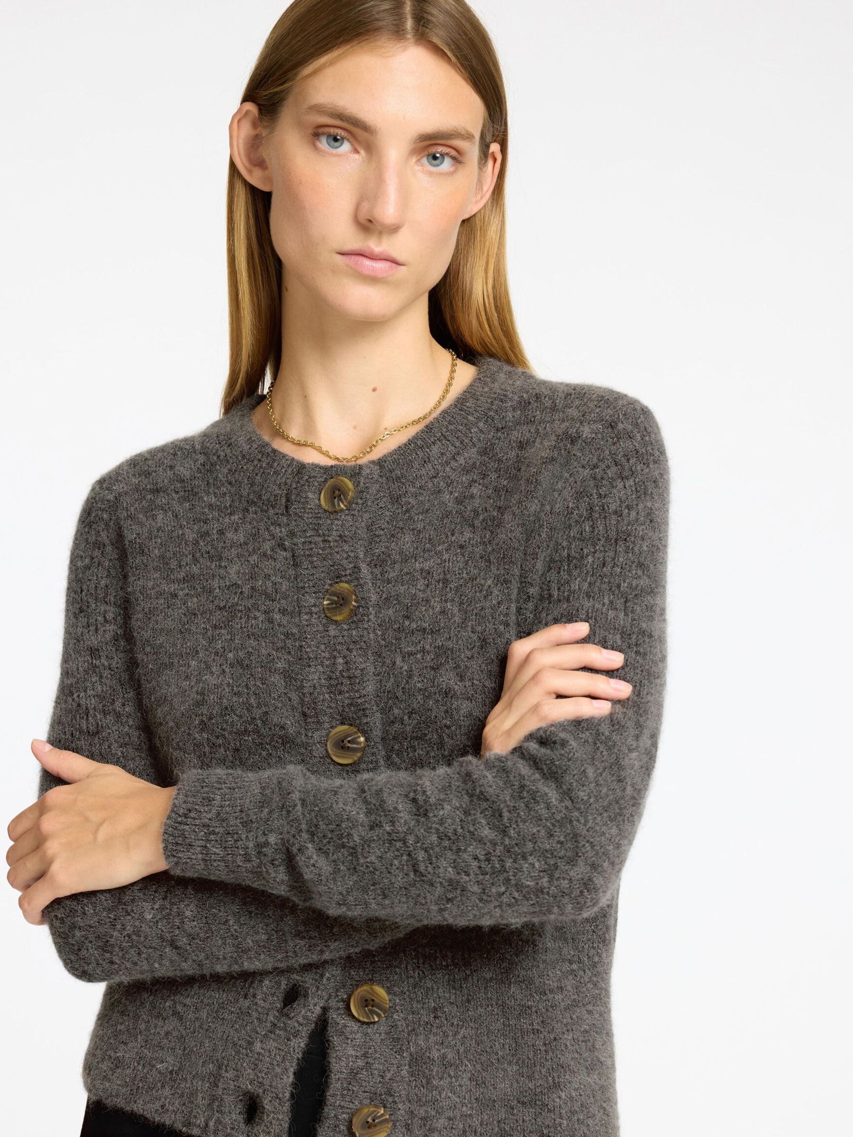 WOOL BLEND KNITTED CARDIGAN, Medium Grey Melange, highres