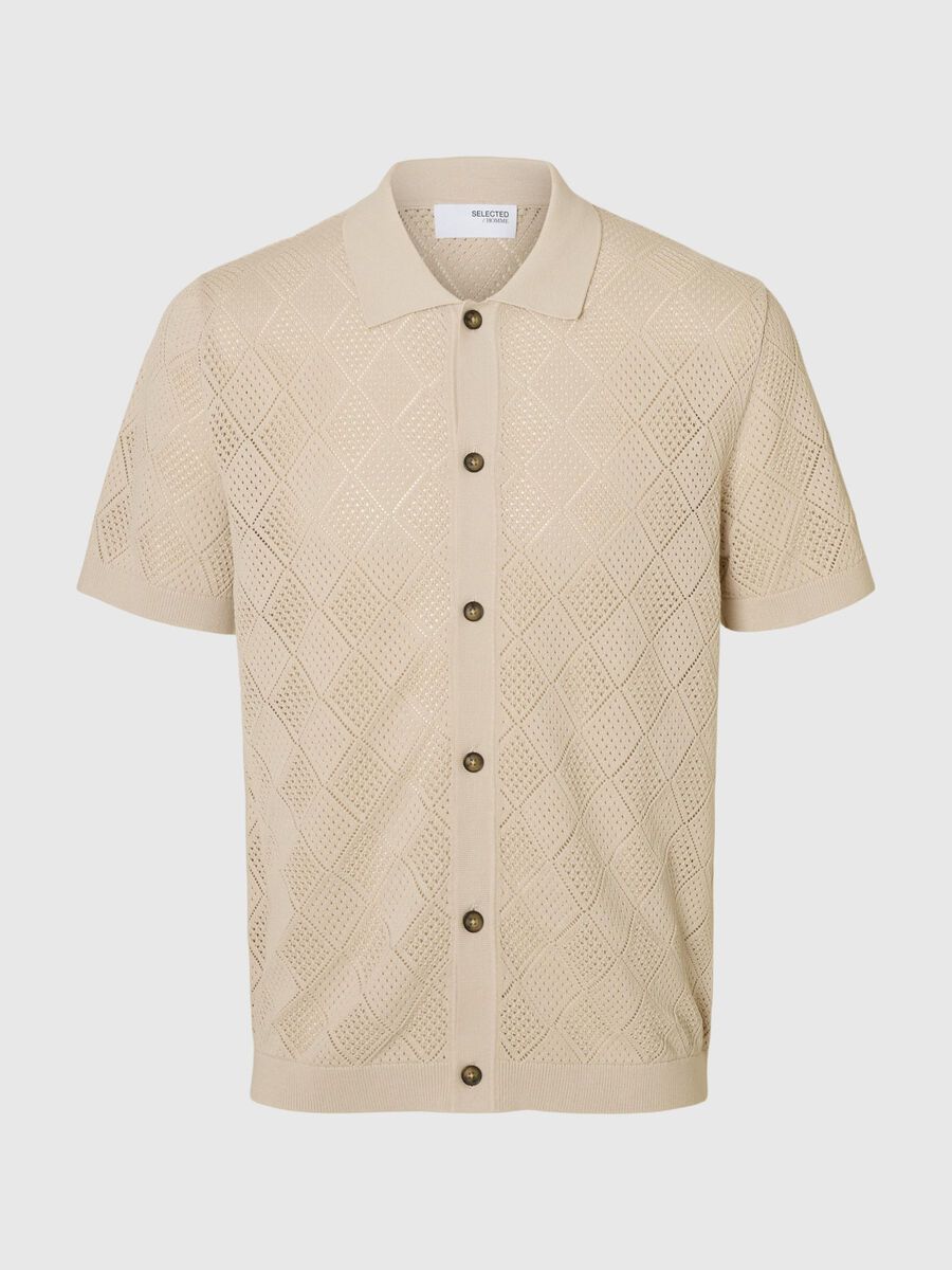 Selected SHORT SLEEVED KNITTED POLO SHIRT, Oatmeal, highres - 16097564_Oatmeal_001.jpg