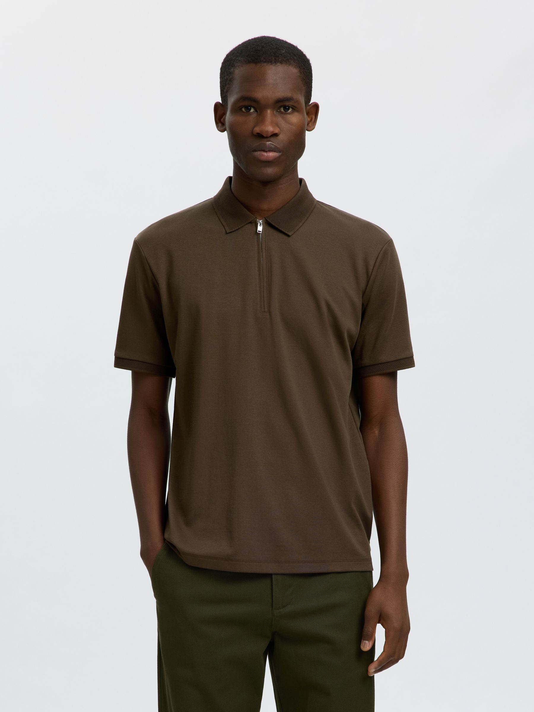 ZIPPER KNITTED POLO SHIRT, Delicioso, highres