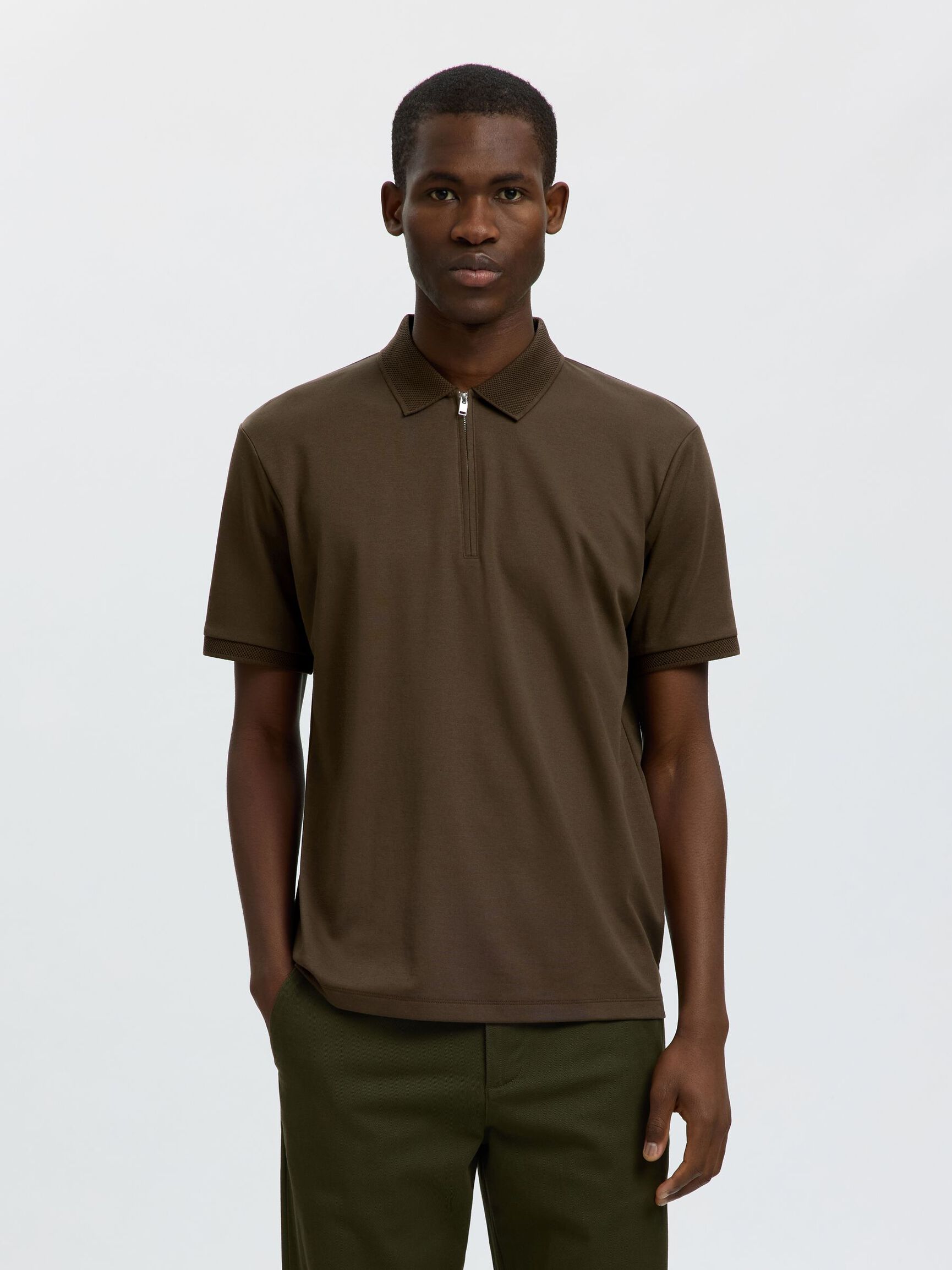 ZIPPER KNITTED POLO SHIRT, Delicioso, highres