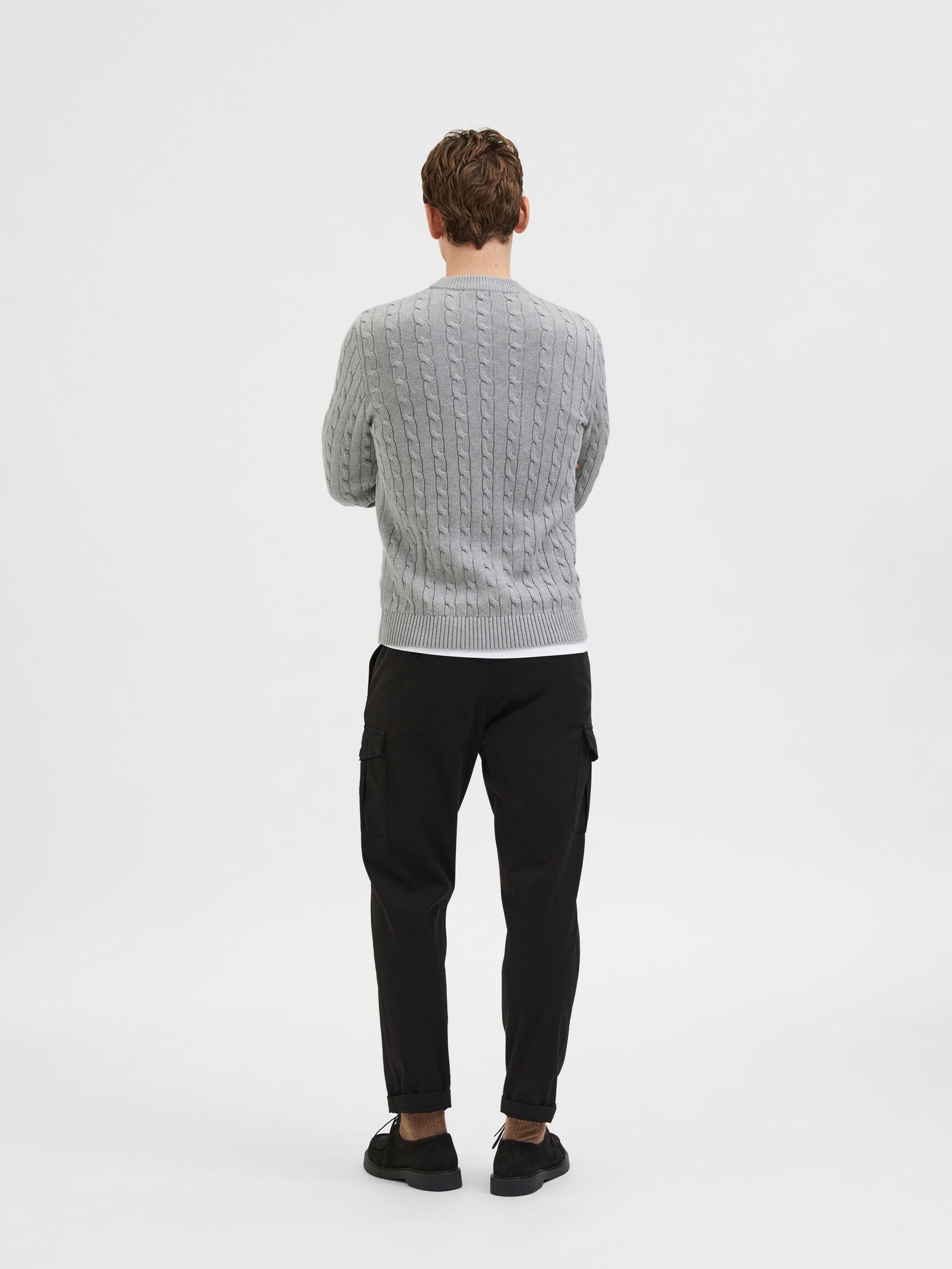CABLE KNIT KNITTED JUMPER, Medium Grey Melange, highres