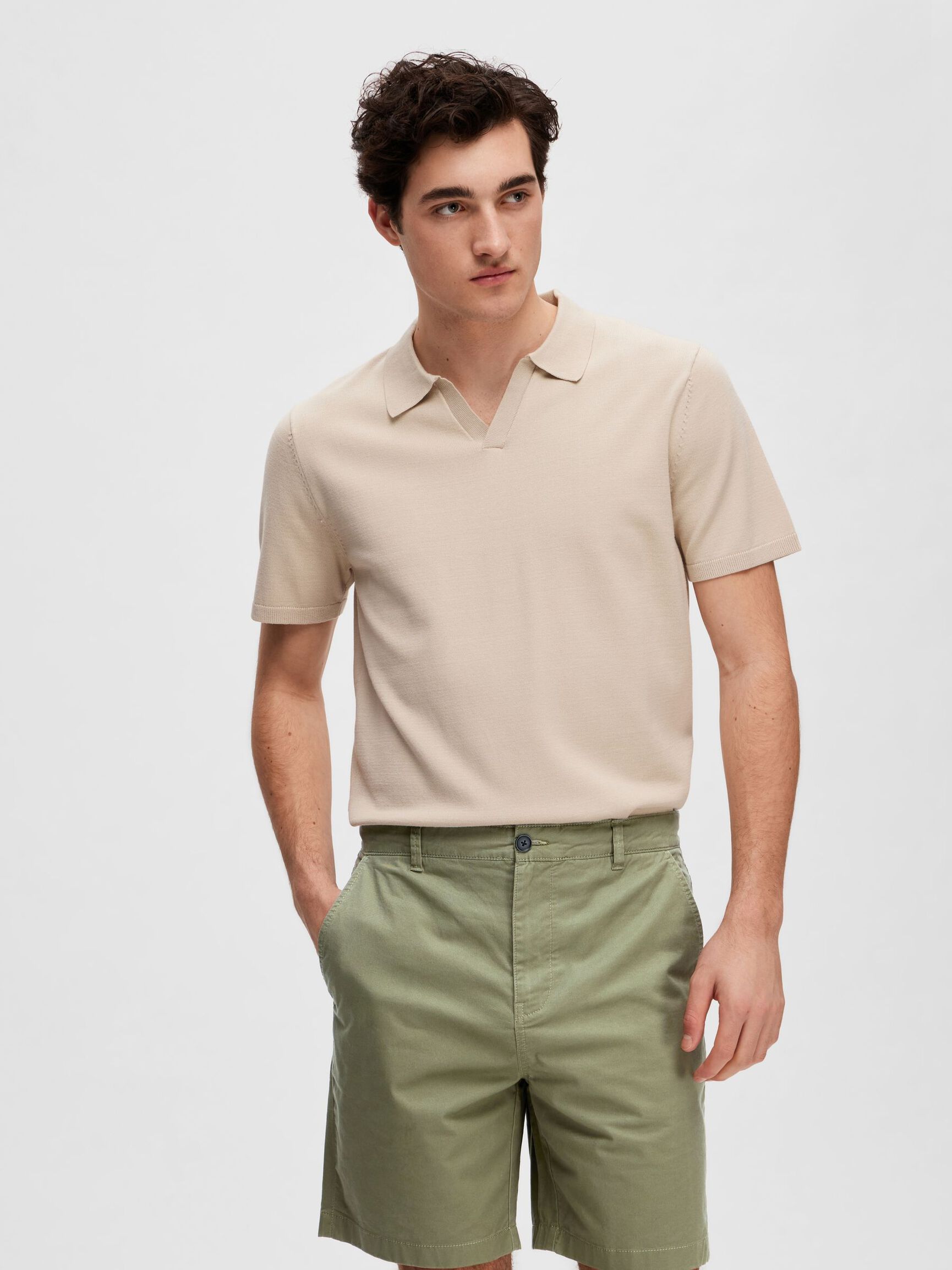 GESTRICKTES POLO SHIRT, Oatmeal, highres