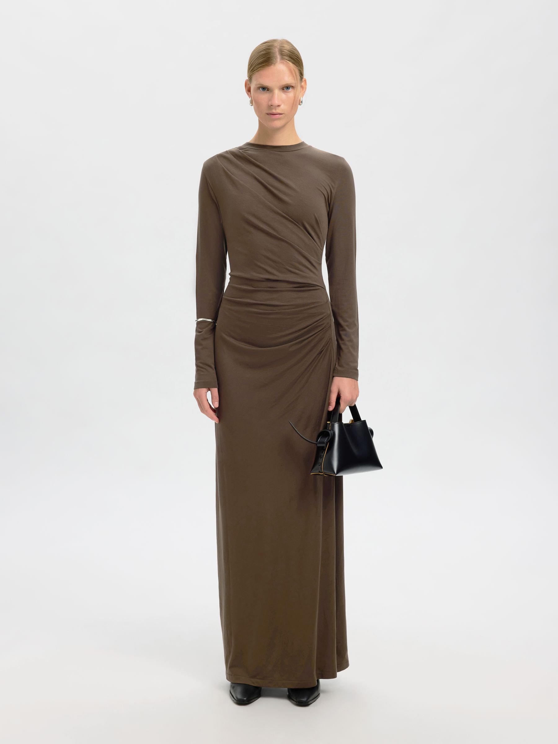 DRAPED LONG SLEEVED DRESS | Brown | Selected