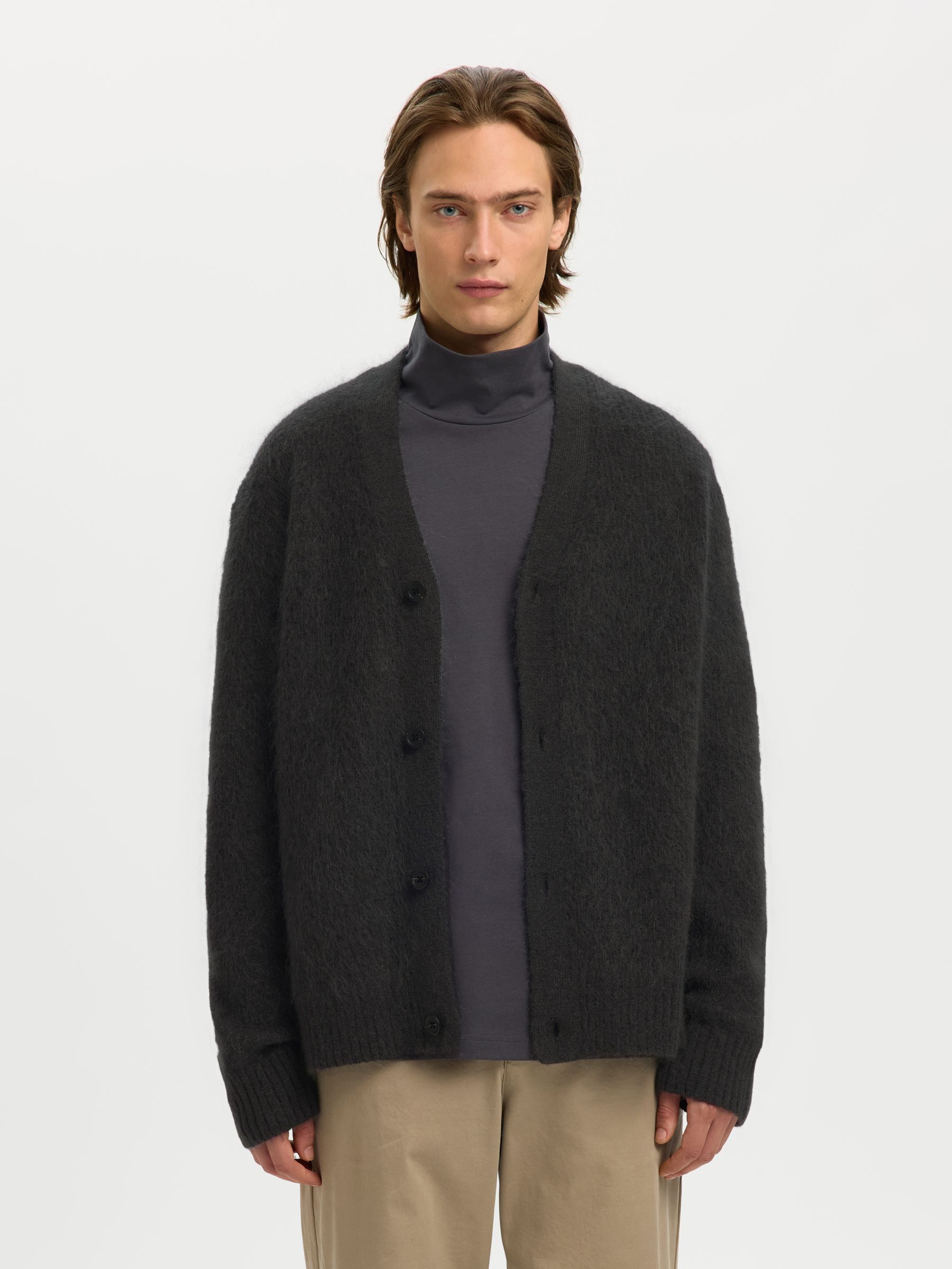 MOHAIR BLEND KNITTED CARDIGAN | Grey | Selected