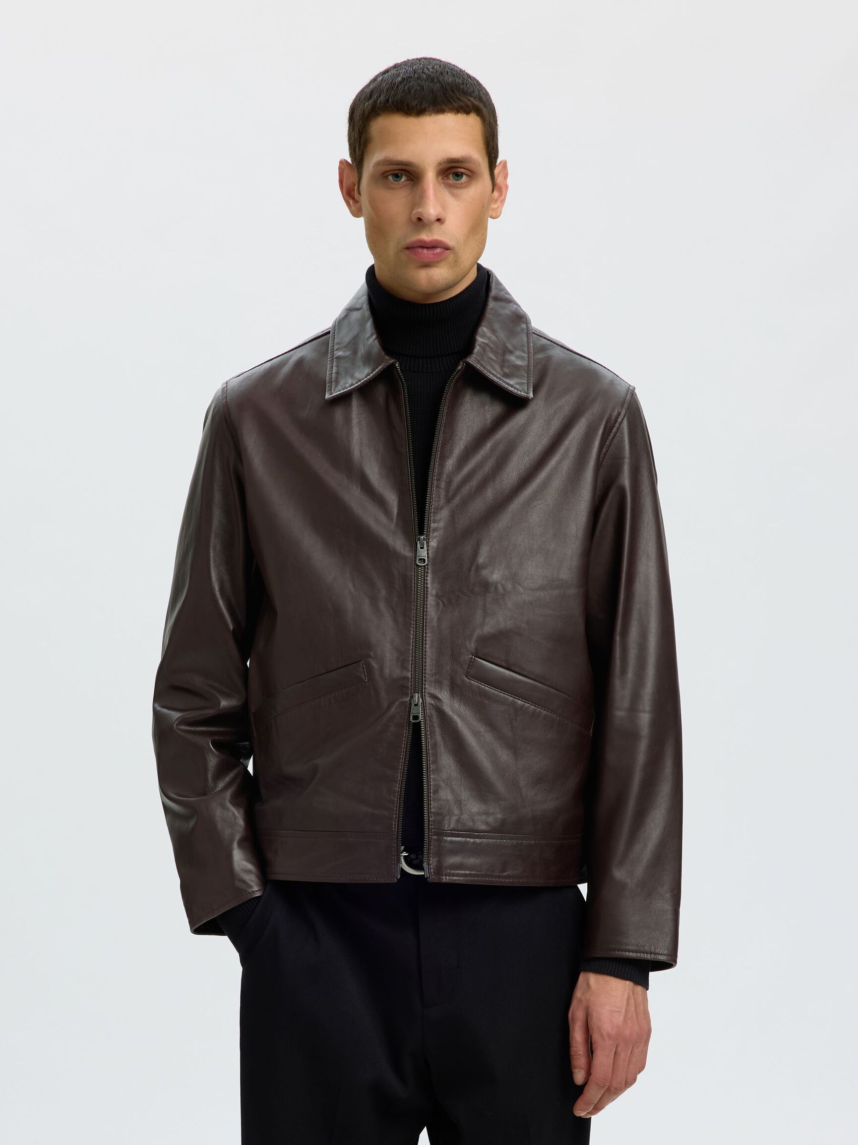 SHORT LEATHER JACKET, Demitasse, highres