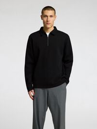 GERIPPTES HALF-ZIP LANGARM-POLOSHIRT, Black, highres