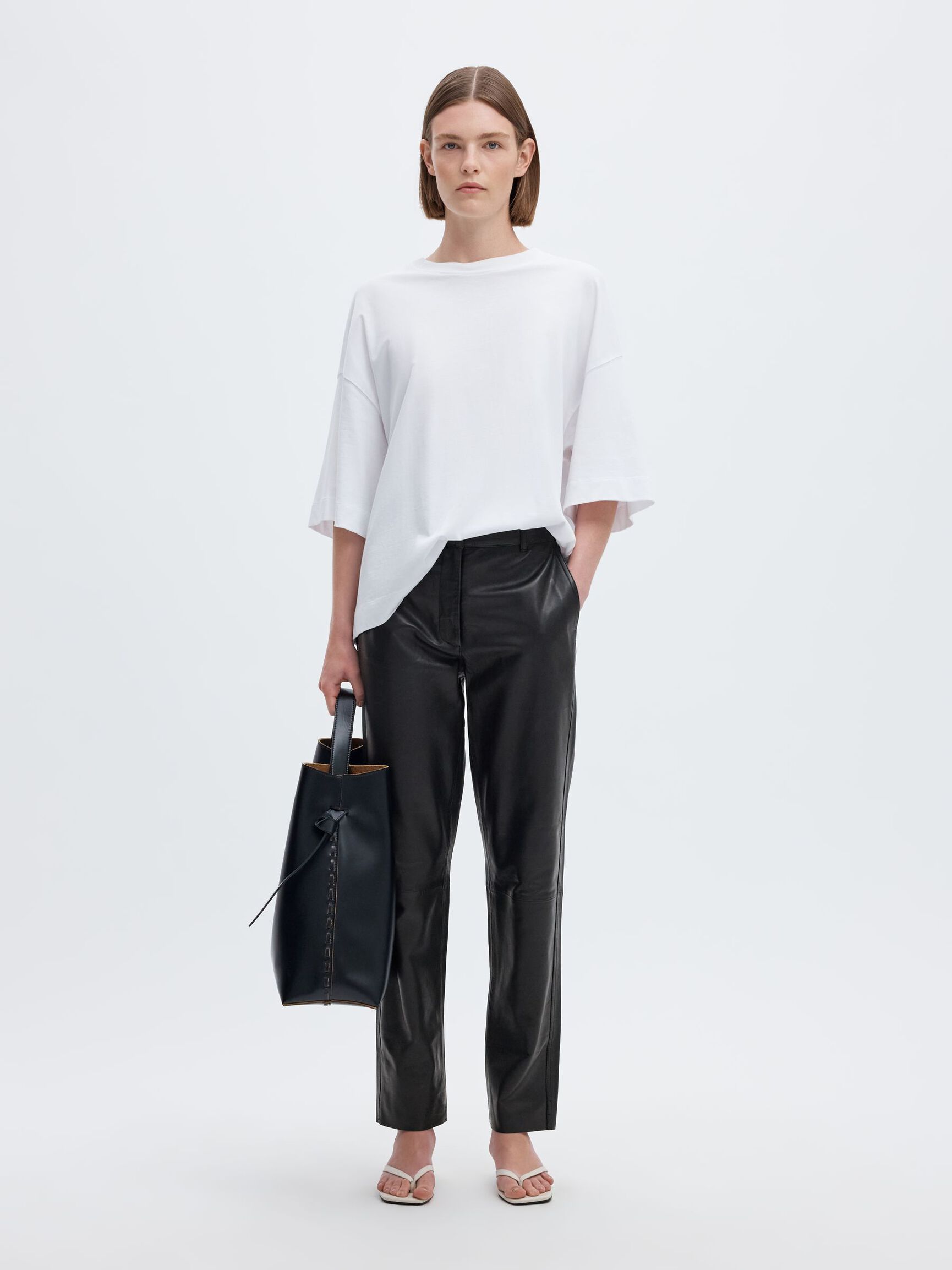 TAPERED LEATHER TROUSERS, Black, highres