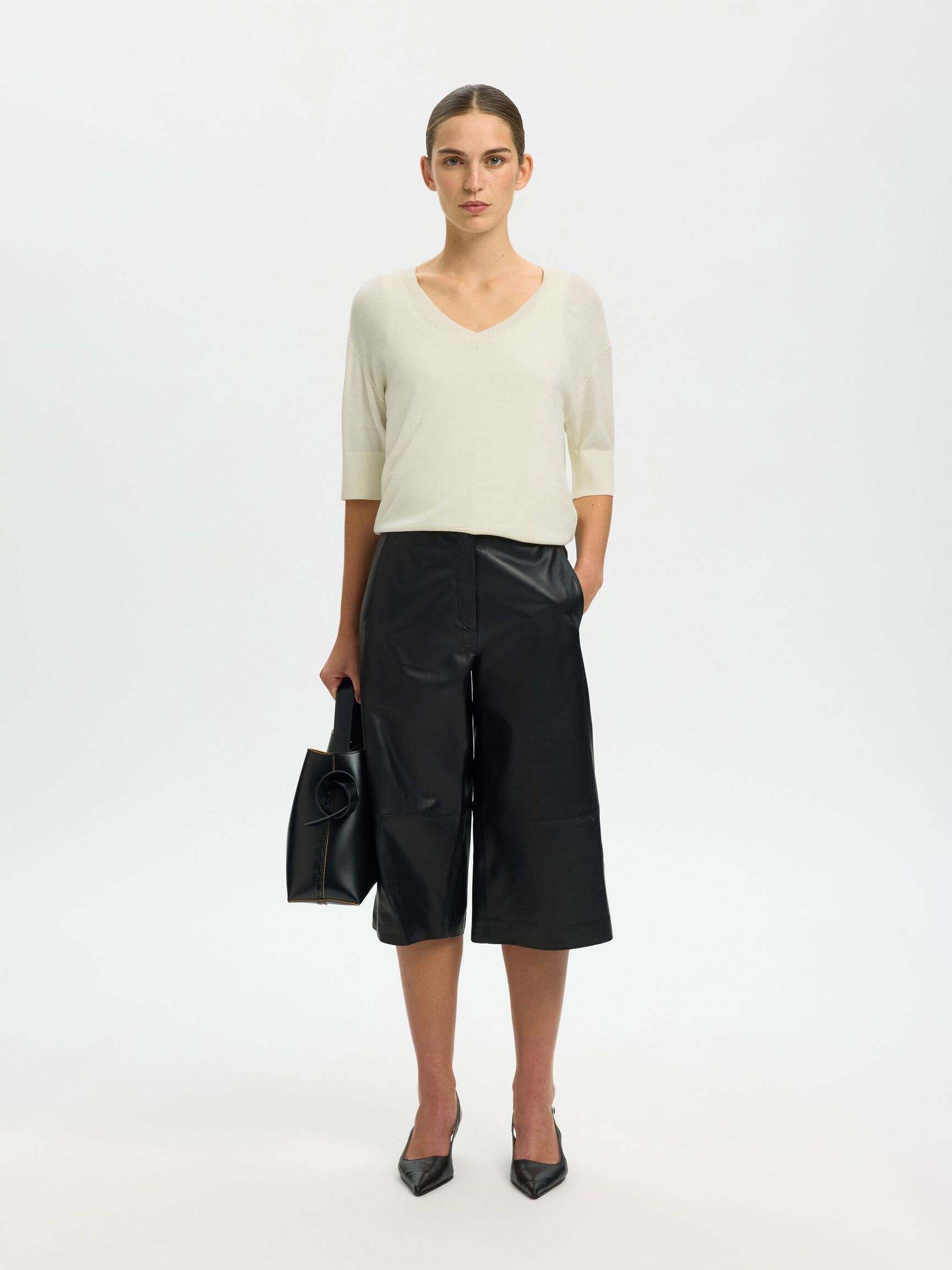 100% MERINOULL STICKAD TOPP, Egret, highres