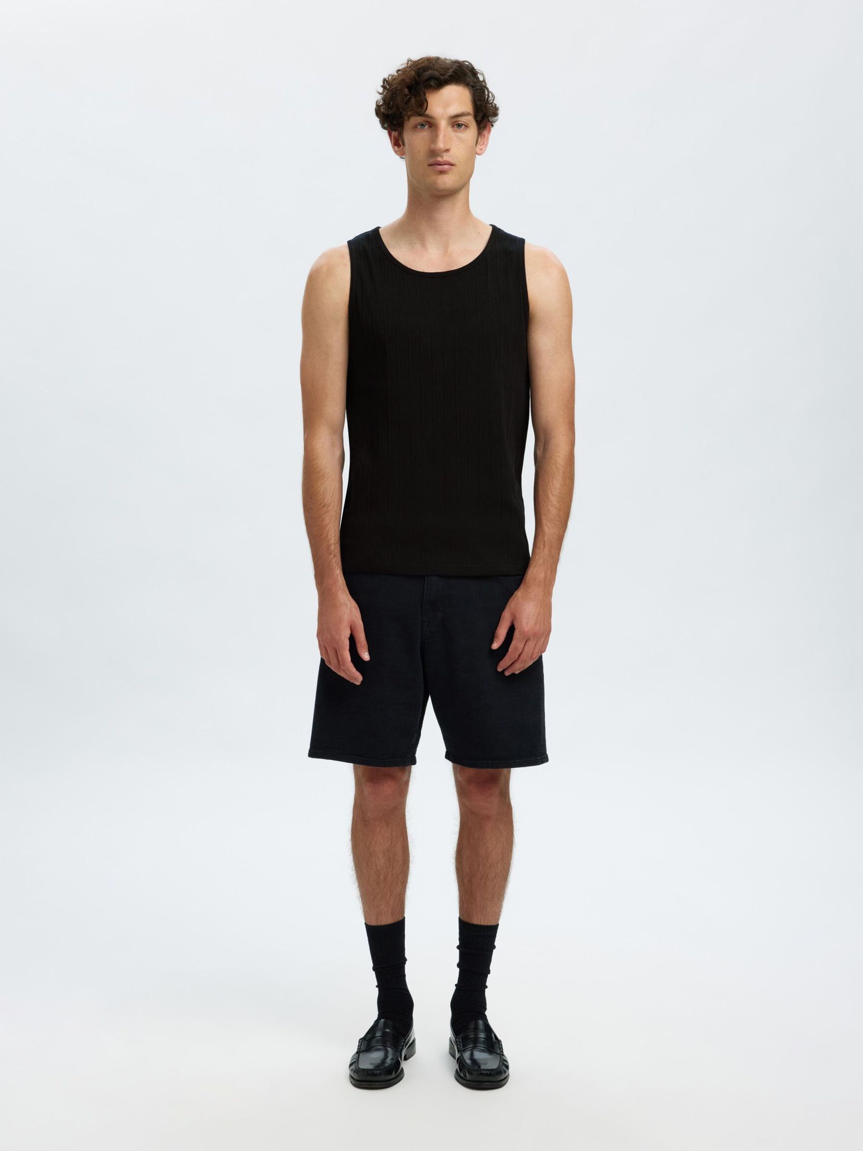 RIBBED COTTON TANK TOP, Black, highres