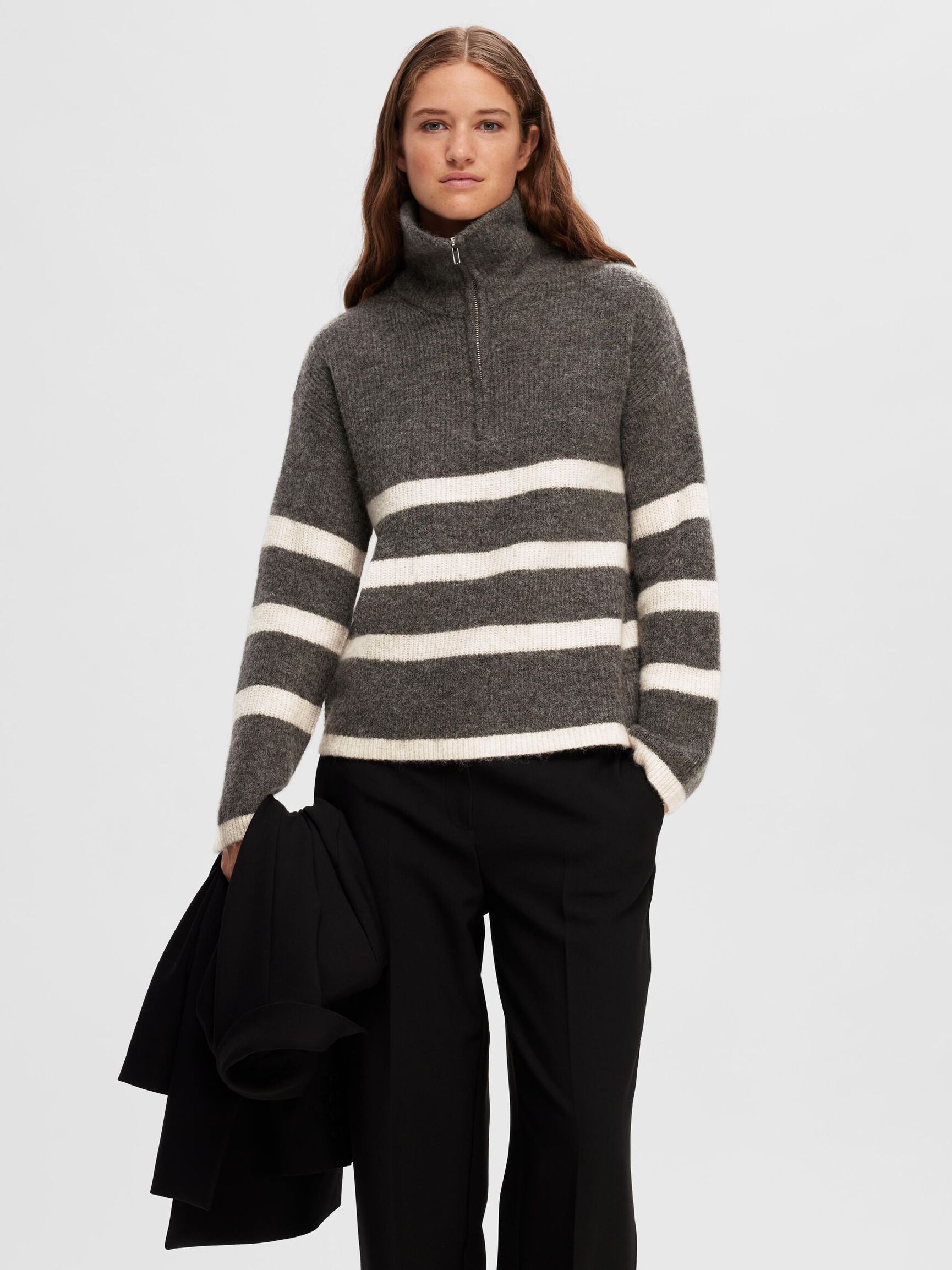 WOOL BLEND HALF-ZIP  PULLOVER, Medium Grey Melange, highres