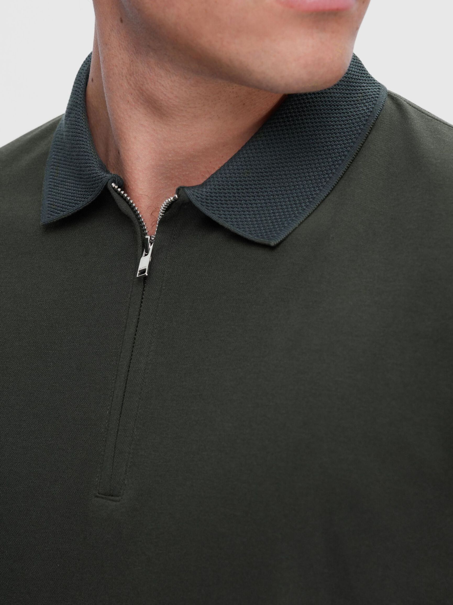 ZIPPER KNITTED POLO SHIRT, Green Gables, highres