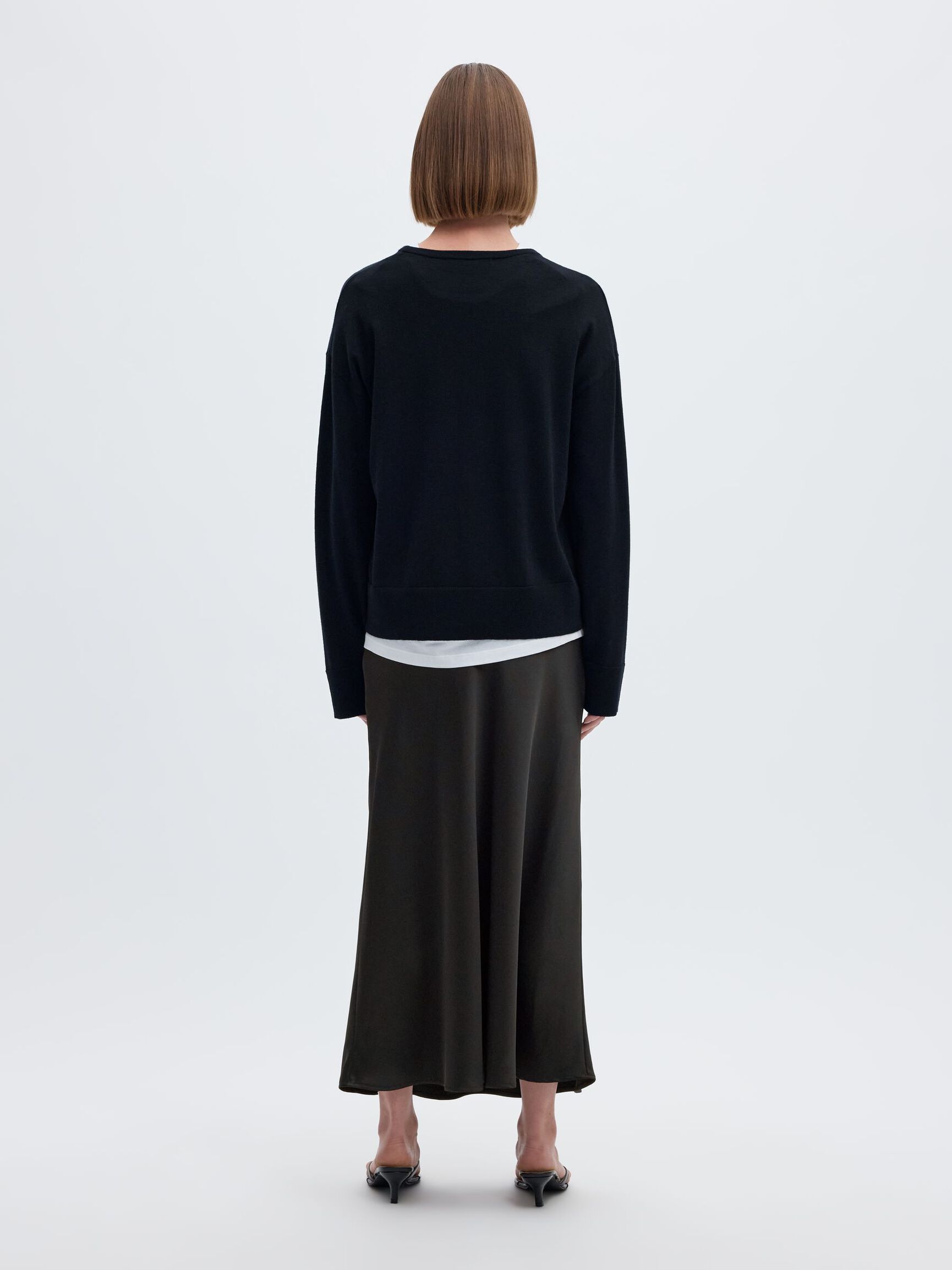 SATIN MIDI SKIRT, Black, highres