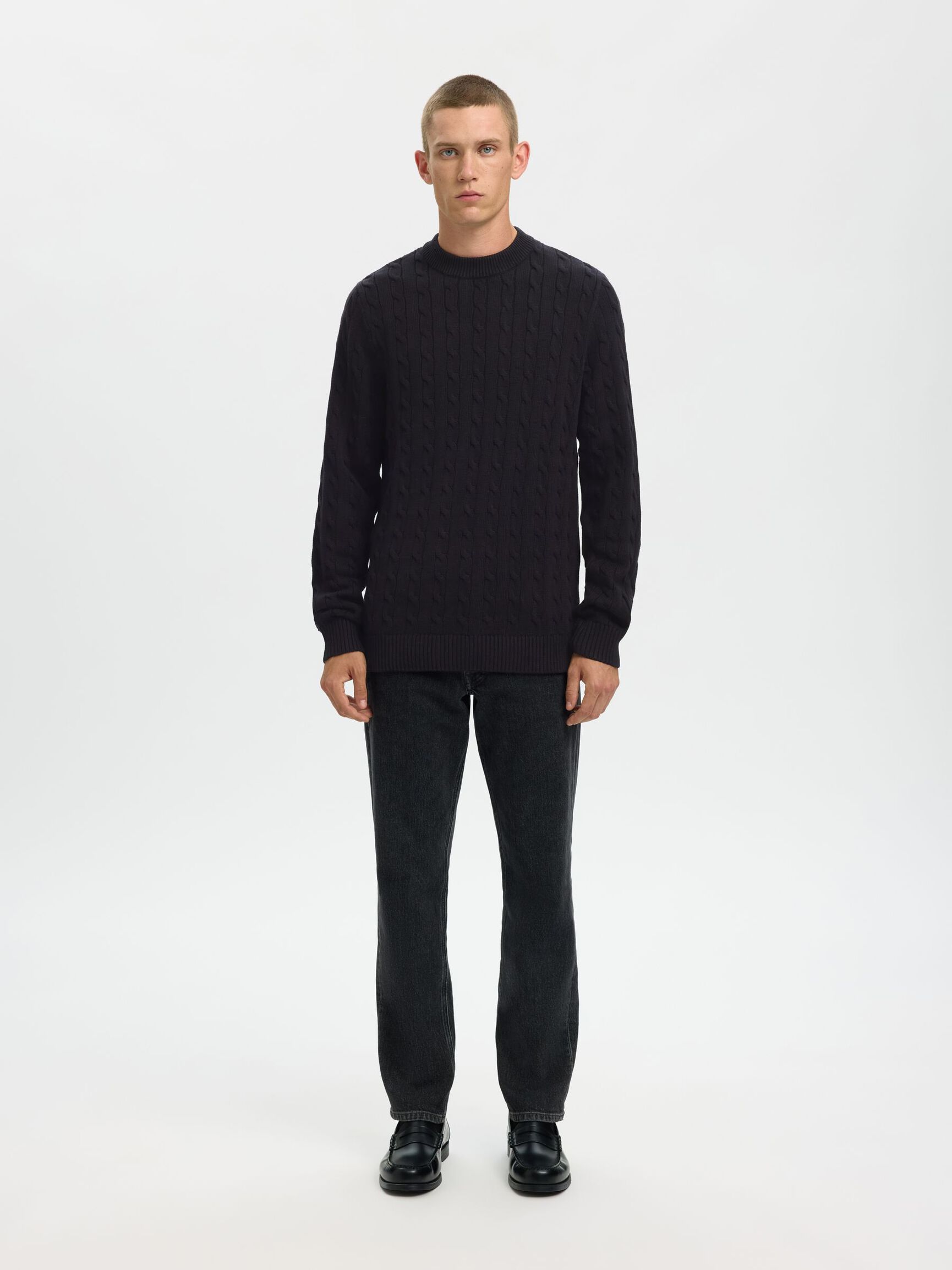 CABLE KNIT KNITTED JUMPER, Black, highres