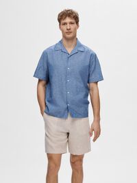 LIN MÉLANGÉ CHEMISE À MANCHES COURTES, Medium Blue Denim, highres