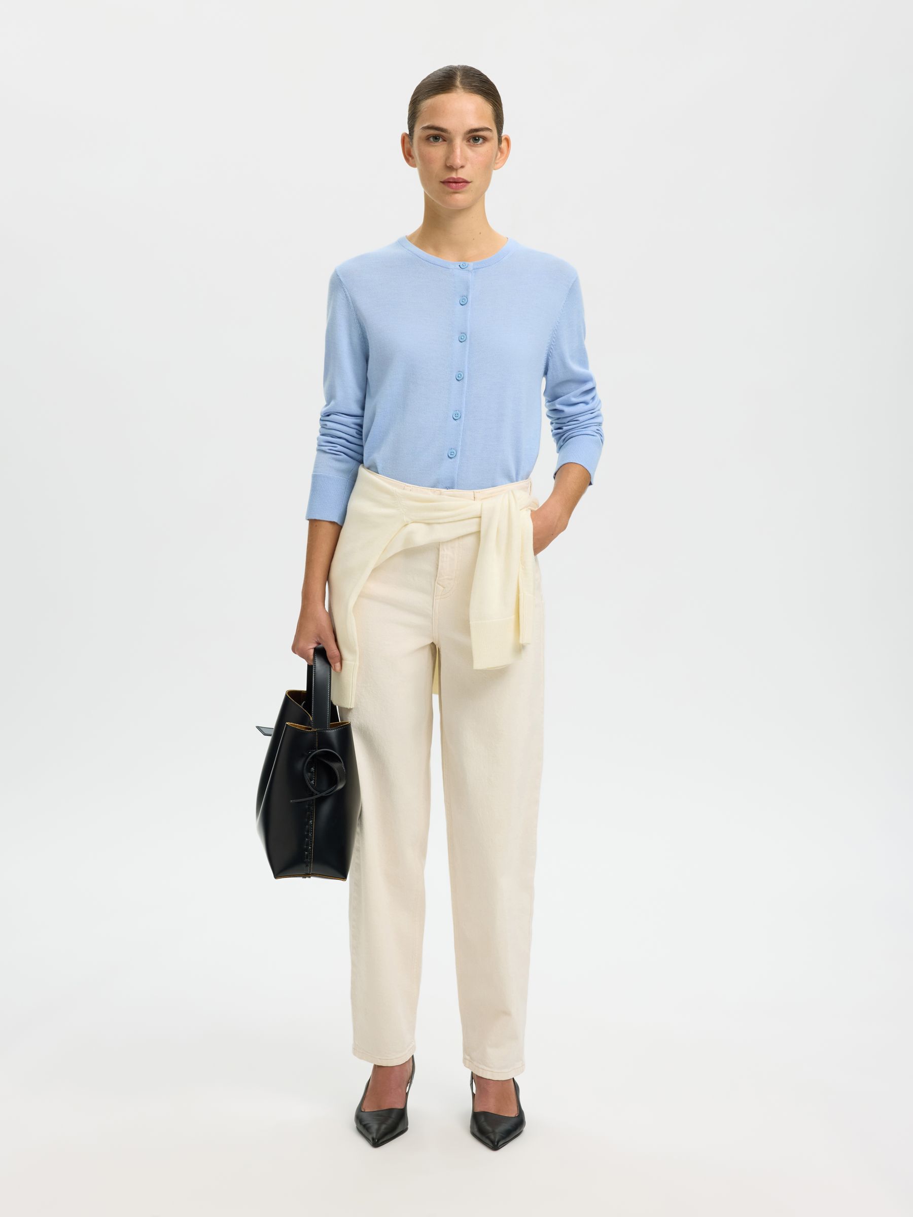 100% MERINO WOOL KNITTED CARDIGAN, Cashmere Blue, highres