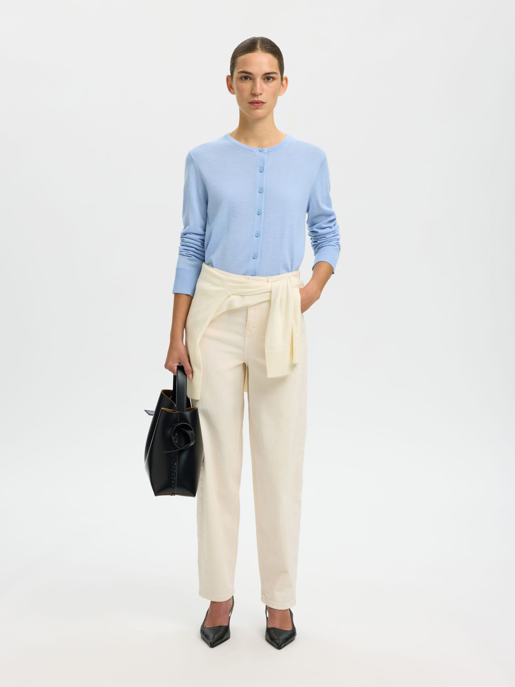 100% MERINO WOOL KNITTED CARDIGAN, Cashmere Blue, highres