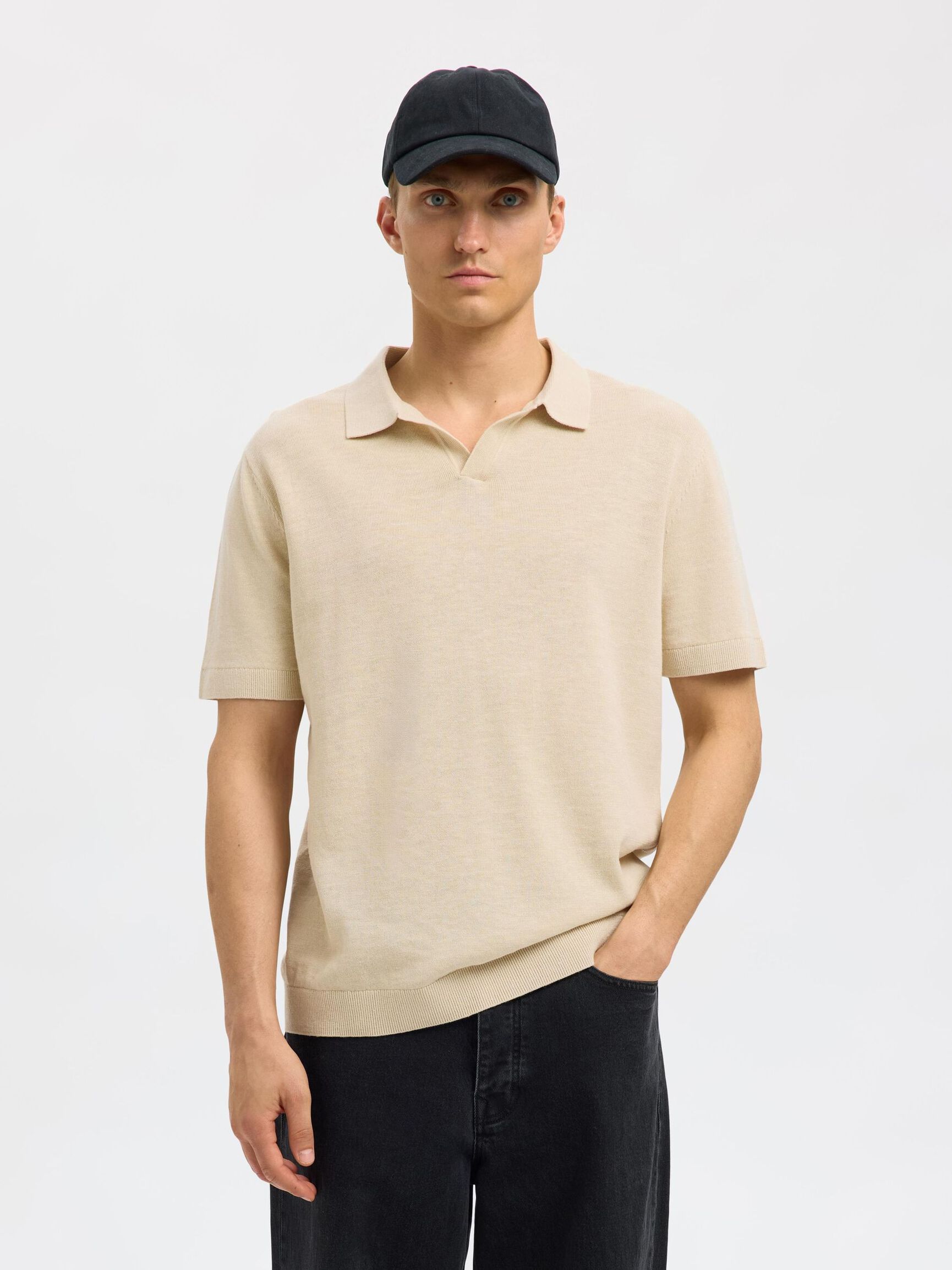 KORTE MOUWEN GEBREIDE POLO, Oatmeal, highres