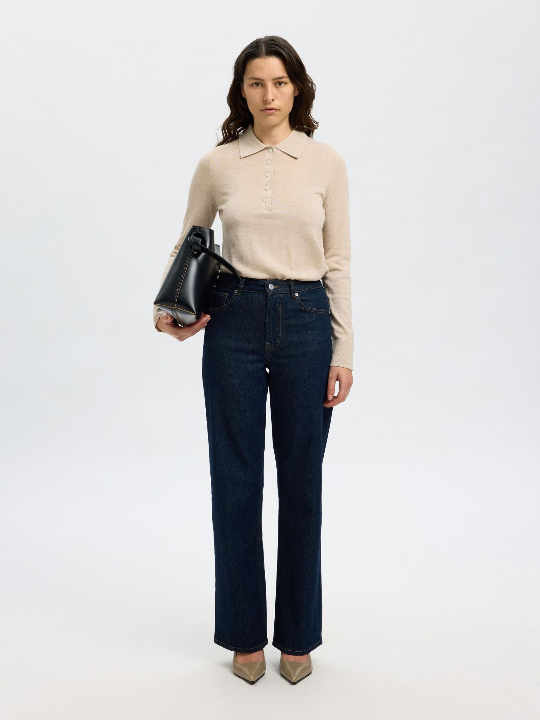 100% MERINOULD STRIKKET POLOSHIRT, Oatmeal, highres